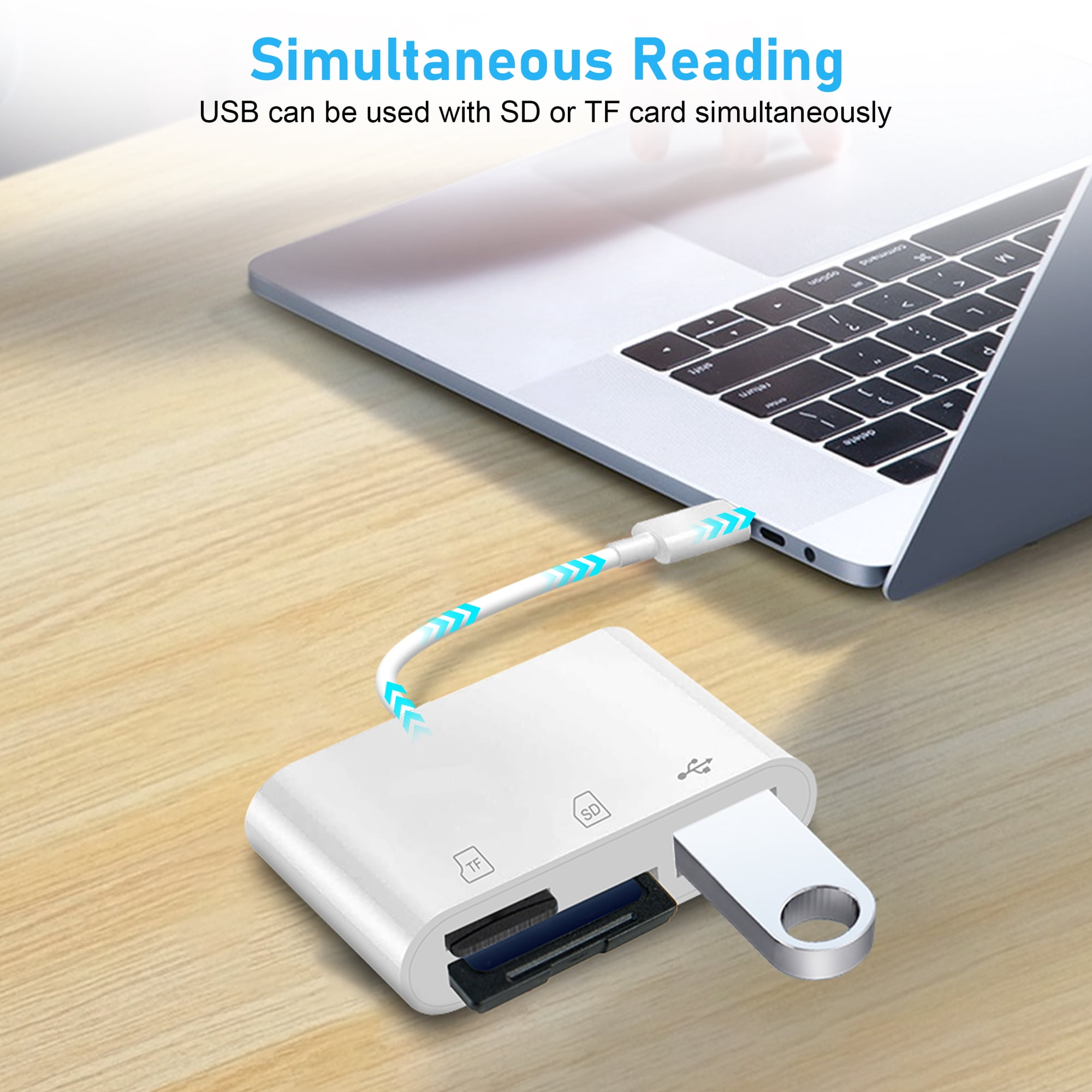 Ein weißer USB-Hub mit SD- und TF-Kartenleser ist an einen Laptop auf einem Holzschreibtisch angeschlossen.