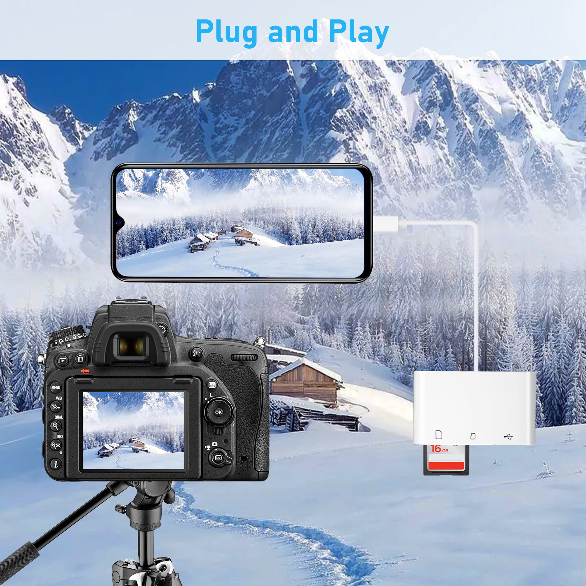 Eine DSLR-Kamera auf einem Stativ überträgt Fotos über einen Kartenleser und ein Kabel auf ein Smartphone vor einer Schneelandschaft.
