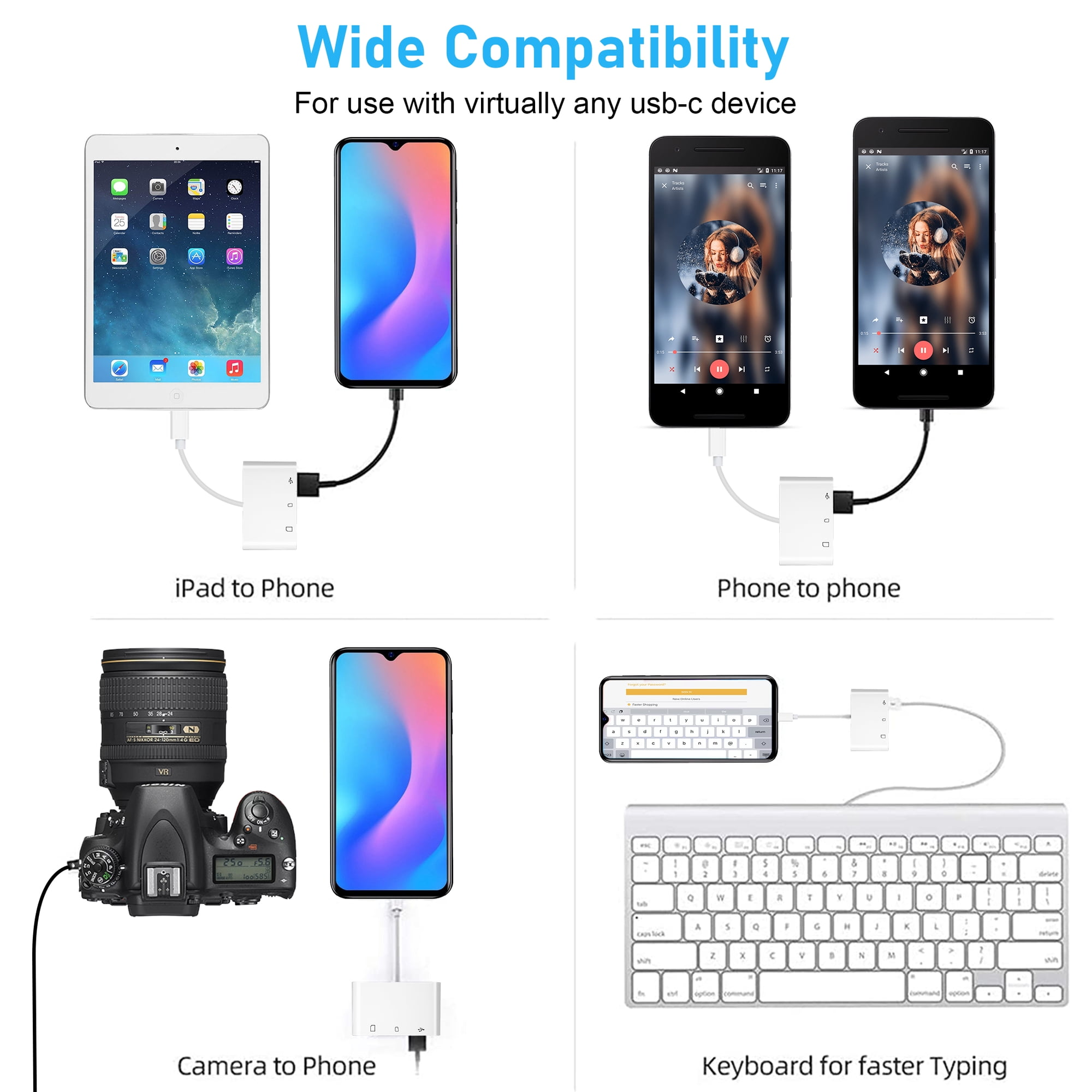 Diagramm zeigt USB-C-Adapter-Kompatibilität mit iPad, Telefon, Kamera und Tastatur.