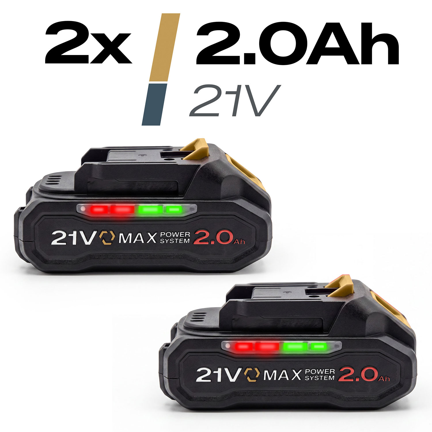 Dwie czarne baterie 21V 2.0Ah power system ze wskaźnikami ładowania.
