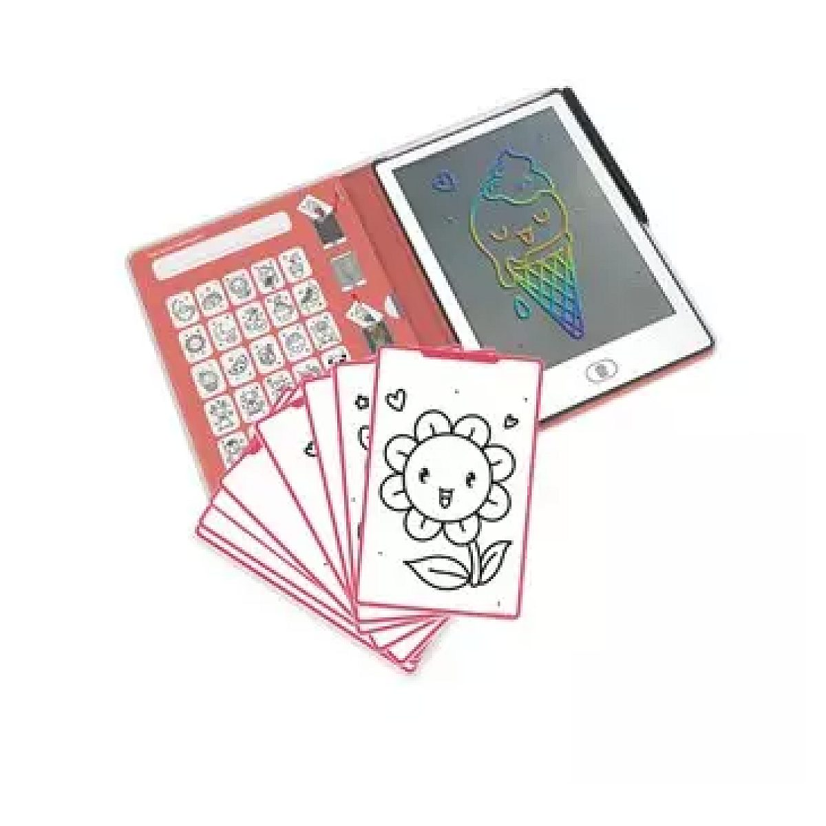 Ein rosafarbenes Schreibtablet mit Eiszeichnung und Karten mit Blumen- und Tierumrissen.
