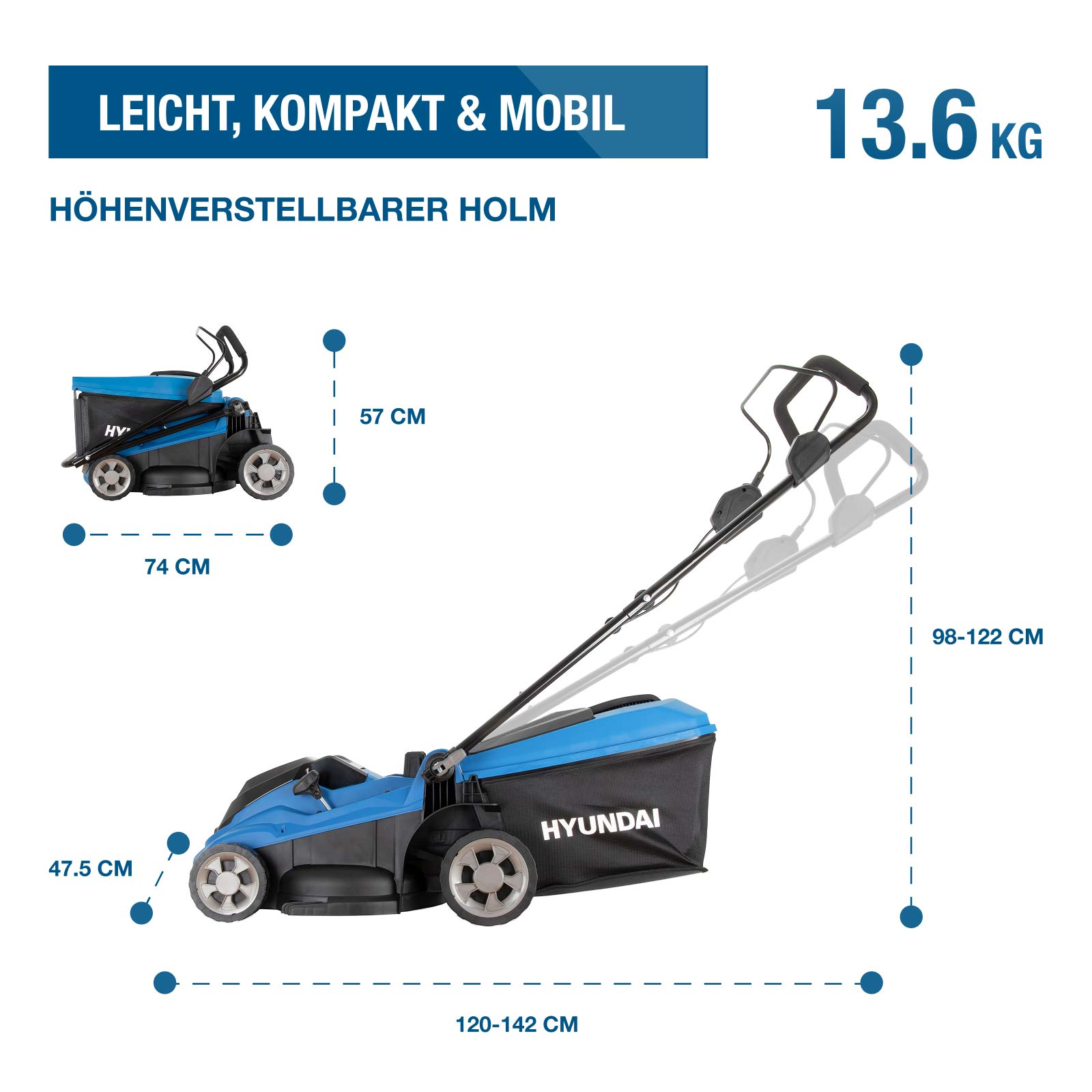 Technische Zeichnung und Maße eines blauen Hyundai Rasenmähers.