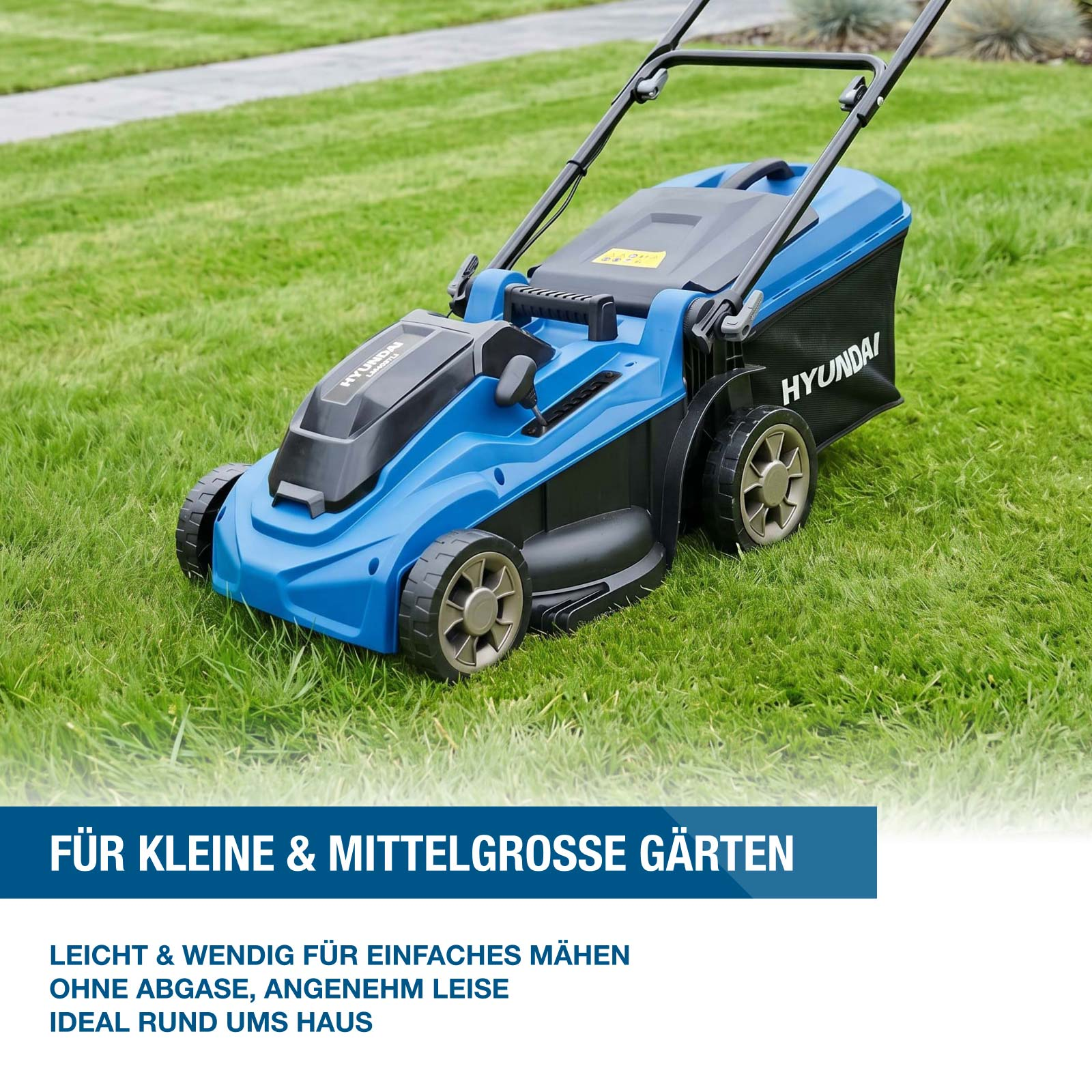Ein blauer Hyundai Rasenmäher steht auf grünem Rasen. Text am unteren Bildrand.