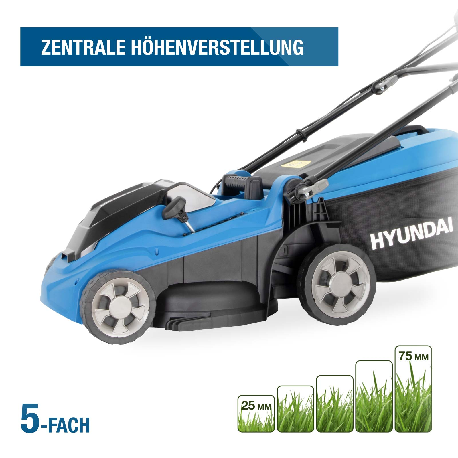 Ein blauer Hyundai Rasenmäher mit zentraler Höhenverstellung von 25 bis 75 mm.