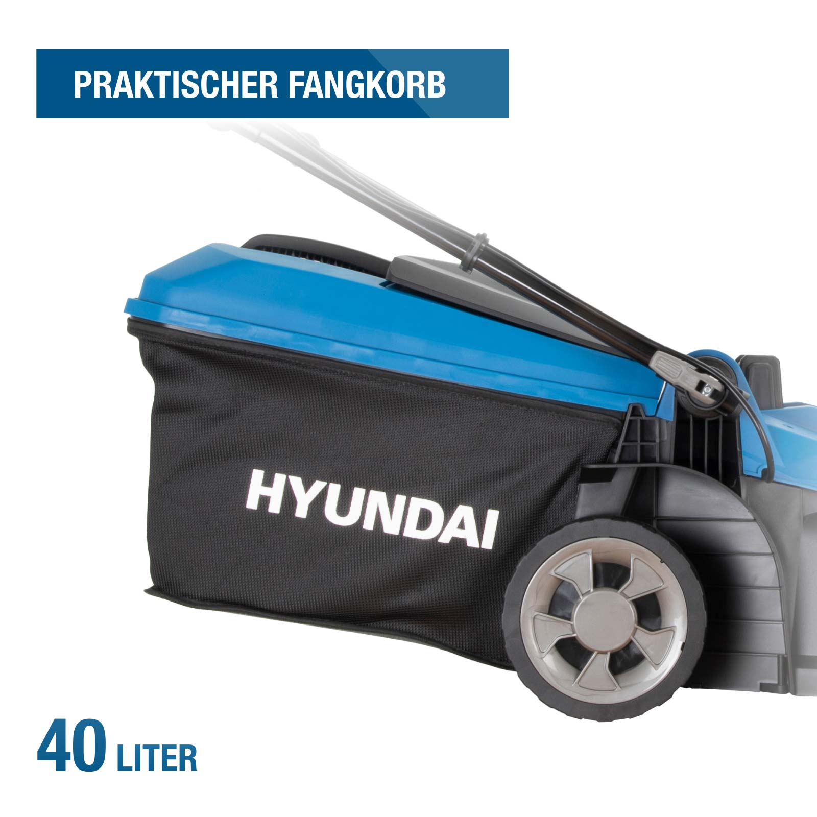 Blauer Hyundai Rasenmäher mit 40-Liter-Grasfangkorb.