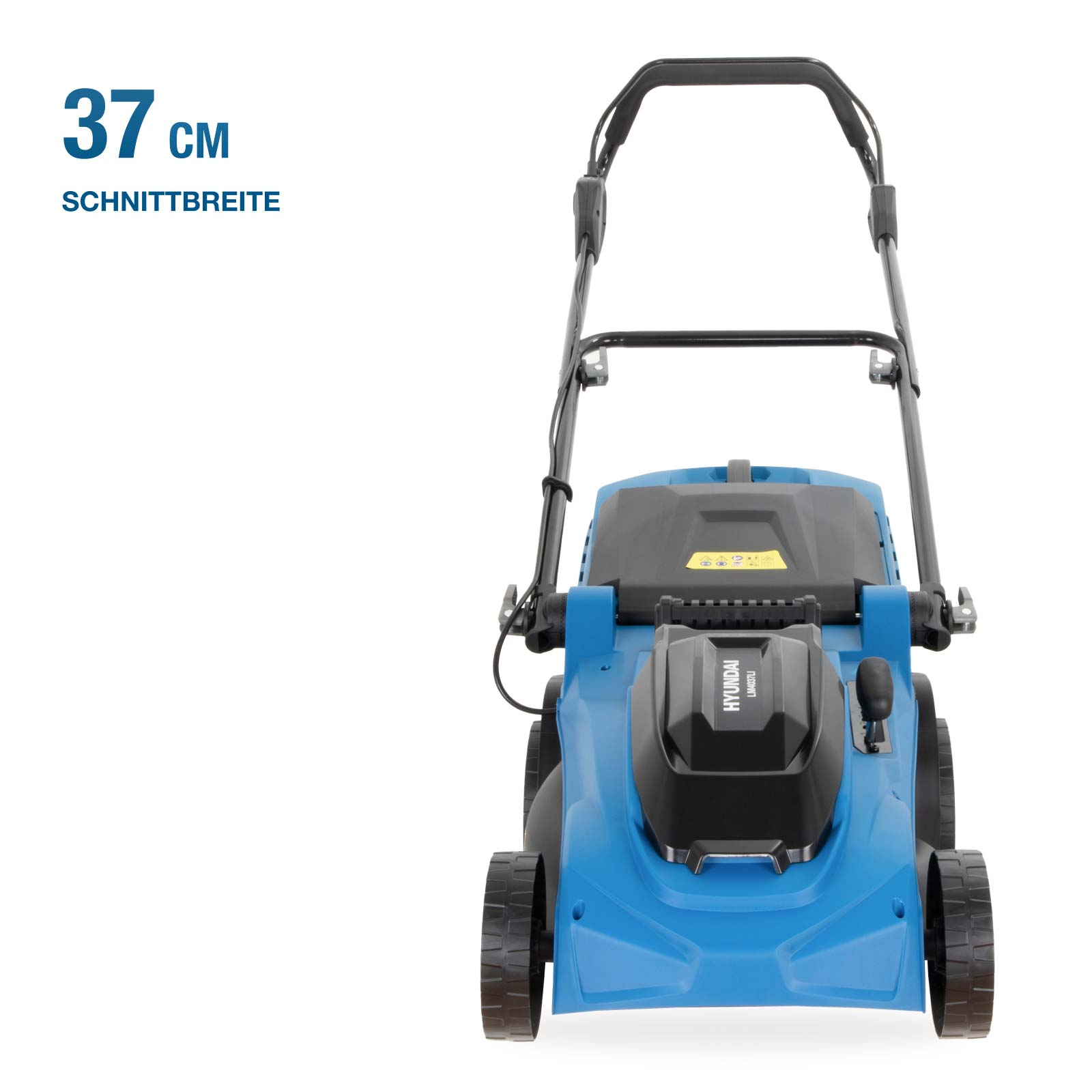 Ein blauer Elektrorasenmäher mit schwarzem Griff und dem Text '37 cm' im linken Bereich.