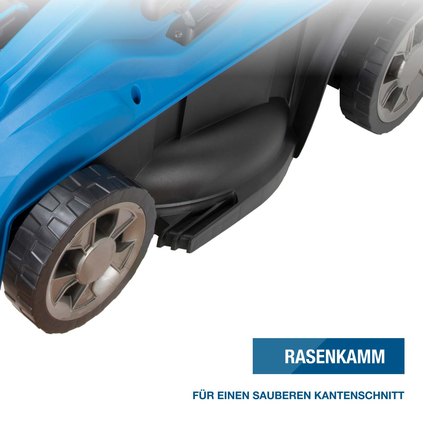 Nahaufnahme einer blau-schwarzen Rasenmäher-Seitenpartie mit Rädern und Text über Rasenkamm für saubere Kanten.