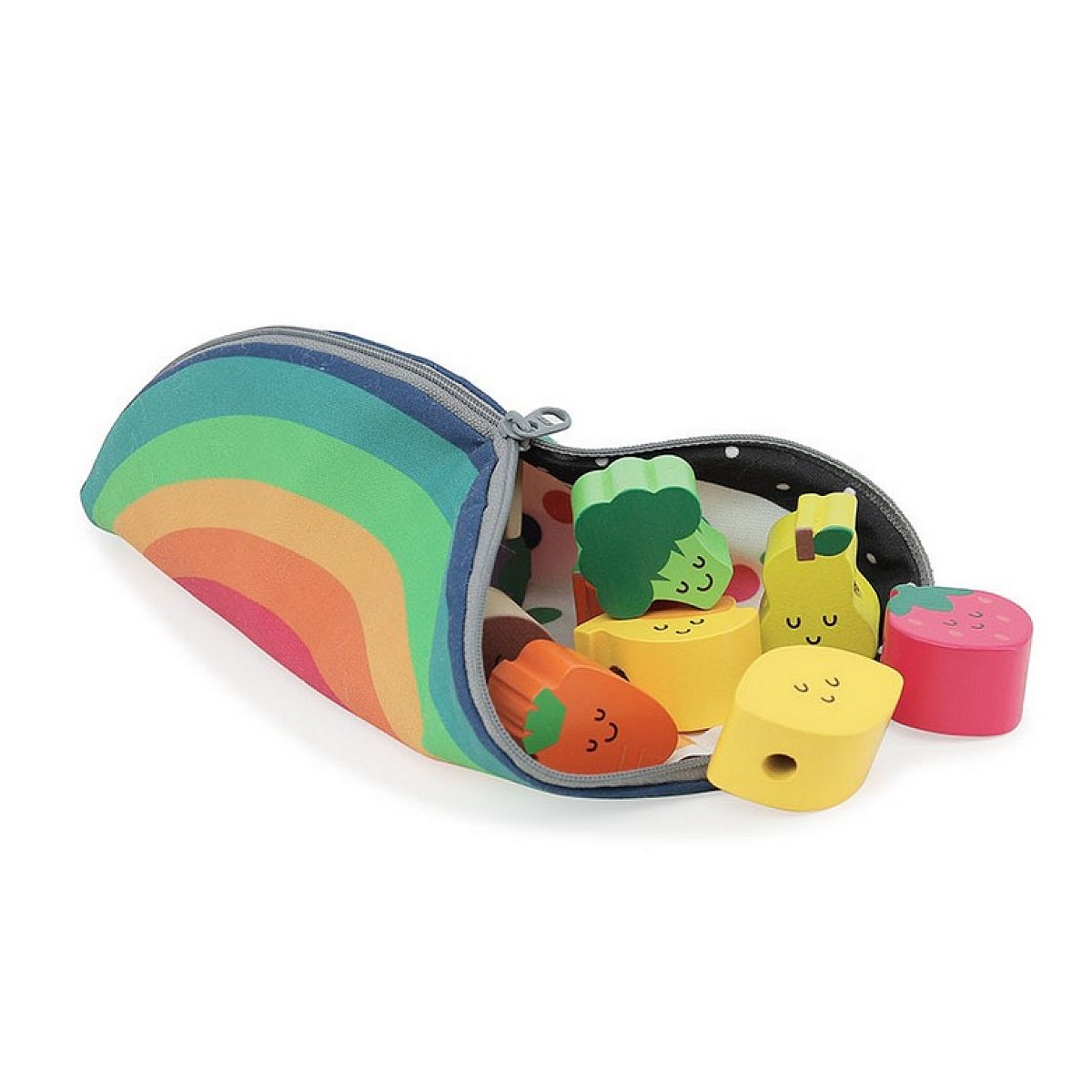 Eine regenbogenfarbene Tasche voller niedlicher Holzlaster und Früchte mit Gesichtern.
