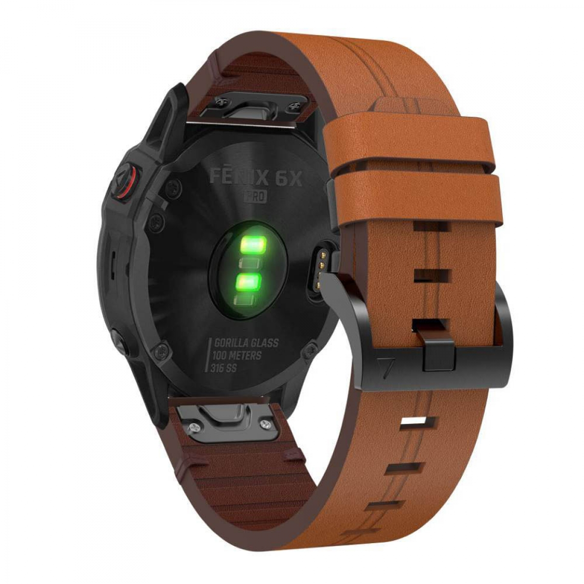 Rückseite einer Garmin Fenix 6X Pro Smartwatch mit braunem Lederarmband und grün leuchtendem Sensor.