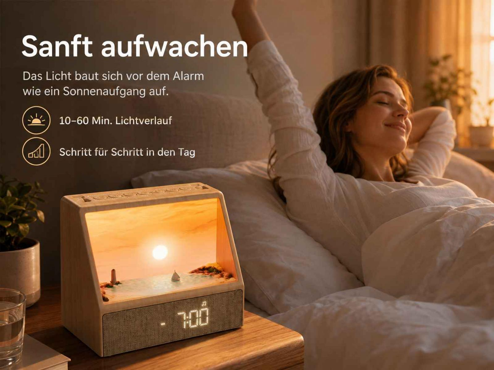 Eine Frau wacht morgens entspannt auf, während ein sonnenaufgangsähnlicher Wecker auf dem Nachttisch leuchtet.