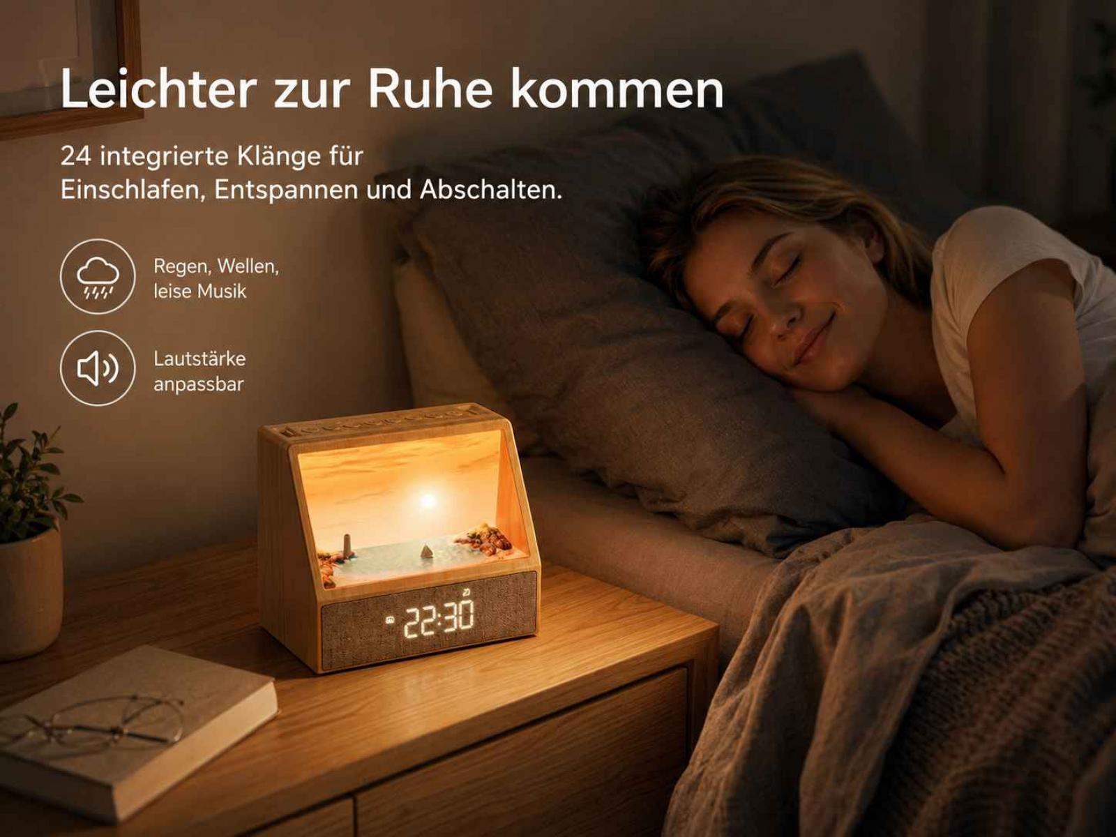 Eine Frau schläft friedlich im Bett neben einer Holzlampe mit Uhr und Landschaftsmotiv auf dem Nachtisch.