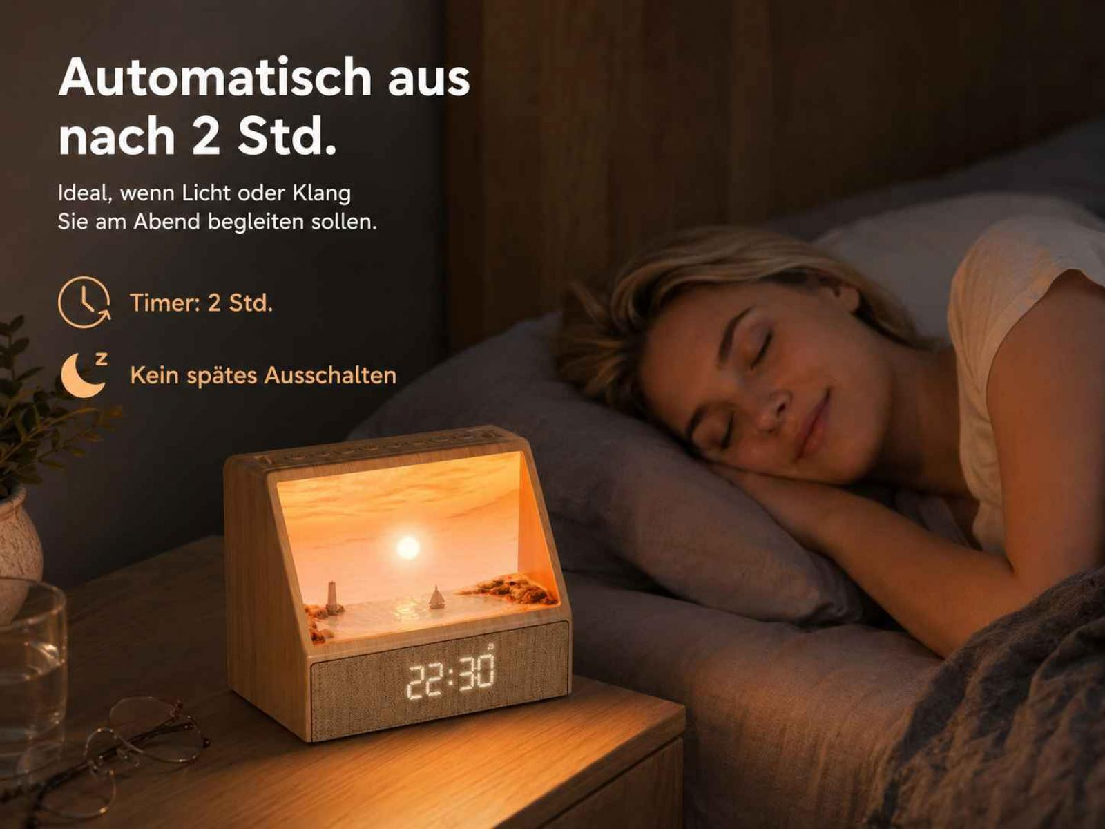 Eine hölzerne Nachtischlampe mit integrierter Uhr leuchtet sanft, während eine Frau im Bett friedlich schläft.