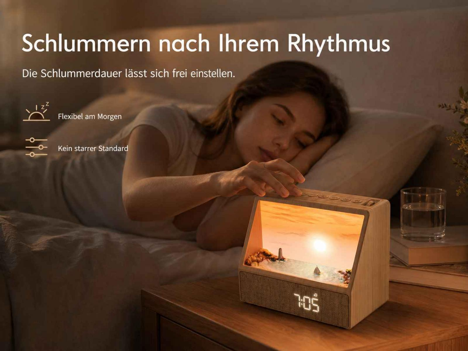 Eine Frau liegt im Bett und wacht mit einem hölzernen Sonnenaufgangs-Wecker auf, der 7:05 anzeigt.