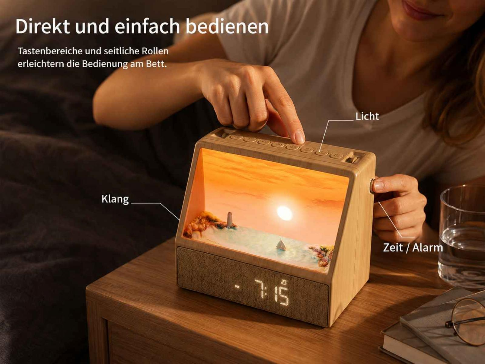 Eine Holzuhr mit Leuchtdisplay auf einem Nachttisch zeigt 7:15 Uhr, während eine Person Tasten bedient.