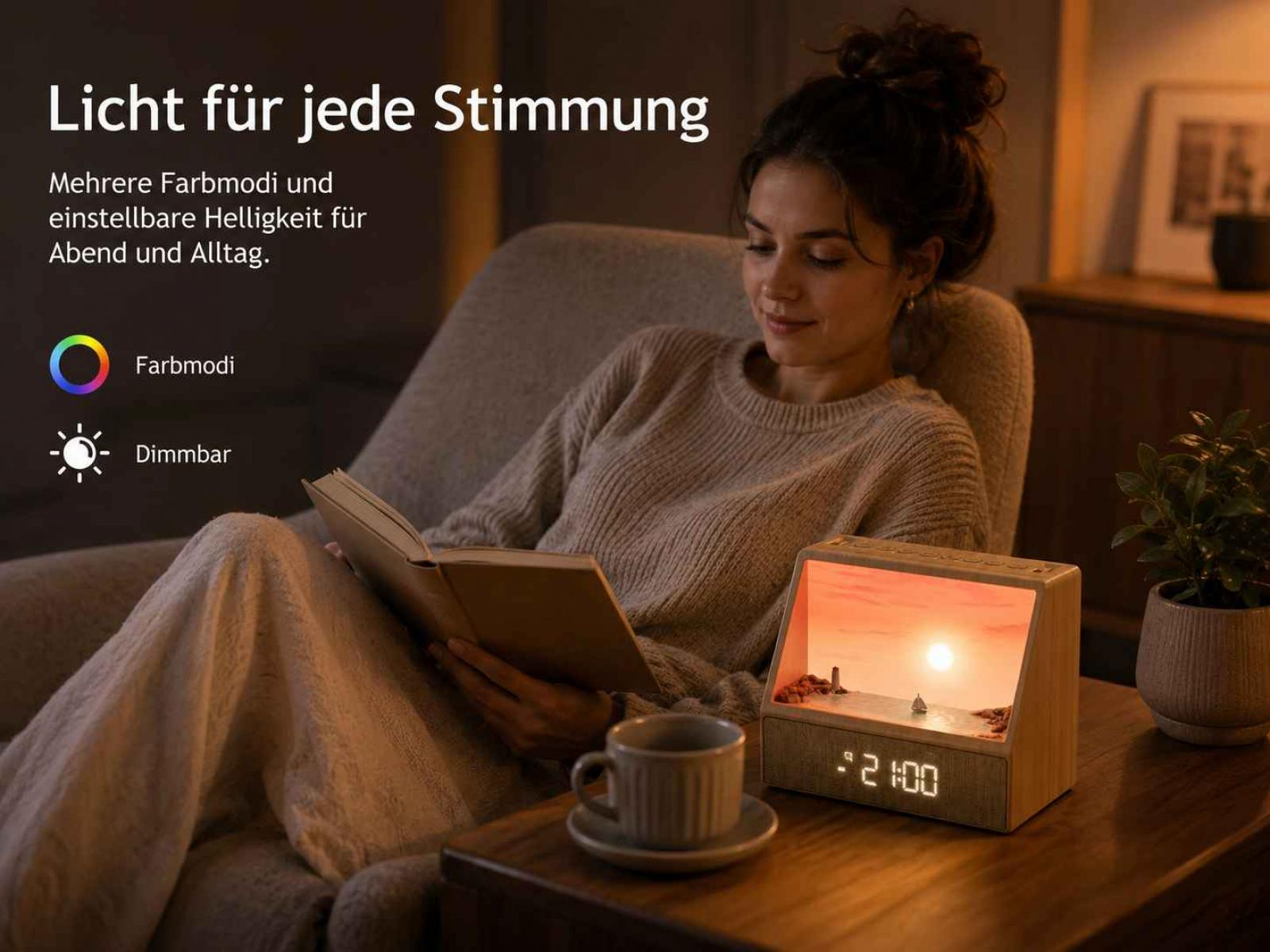 Eine Frau liest gemütlich auf einem Sofa neben einer leuchtenden Digitaluhr mit Sonnenuntergangs-Motiv.