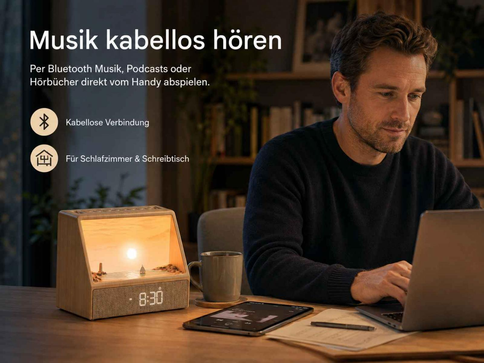 Ein Mann sitzt an einem Holztisch, arbeitet am Laptop. Neben ihm steht ein Lautsprecher mit Uhr und Minilandschaft.