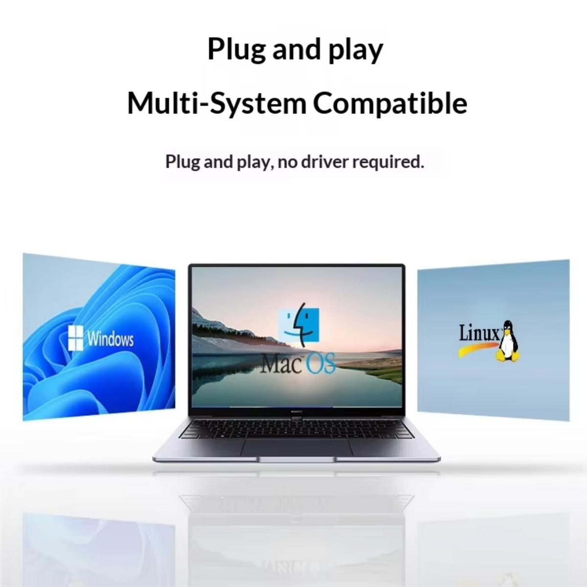 Laptop mit Windows, Mac OS und Linux Logos und Text über Multi-System-Kompatibilität.