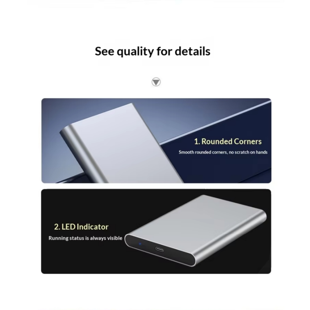 Produktdetails mit abgerundeten Ecken und LED-Anzeige an einem silbernen Gerät.