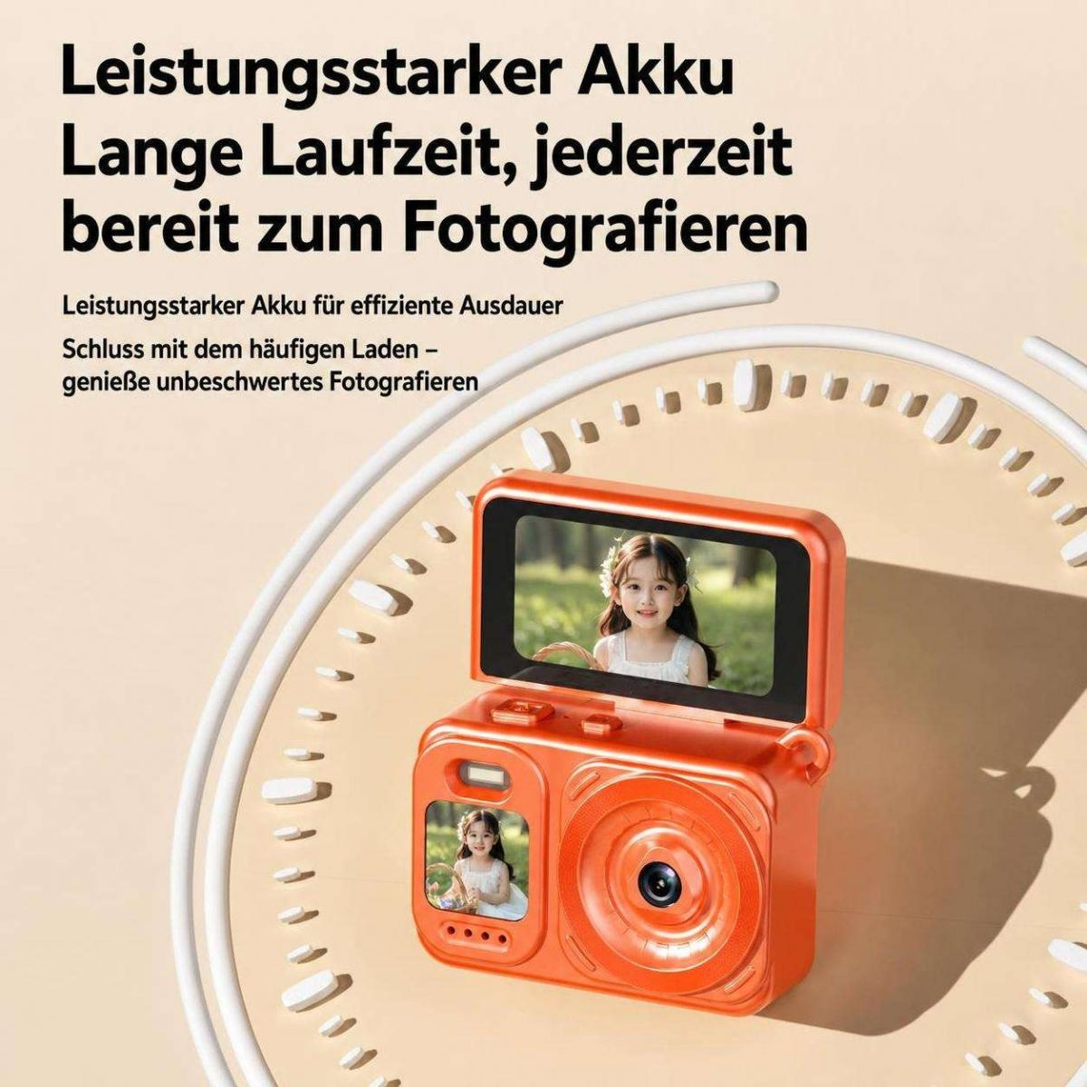 Eine orange Kinderkamera mit Klappbildschirm vor einem runden Designhintergrund und deutschem Werbetext.