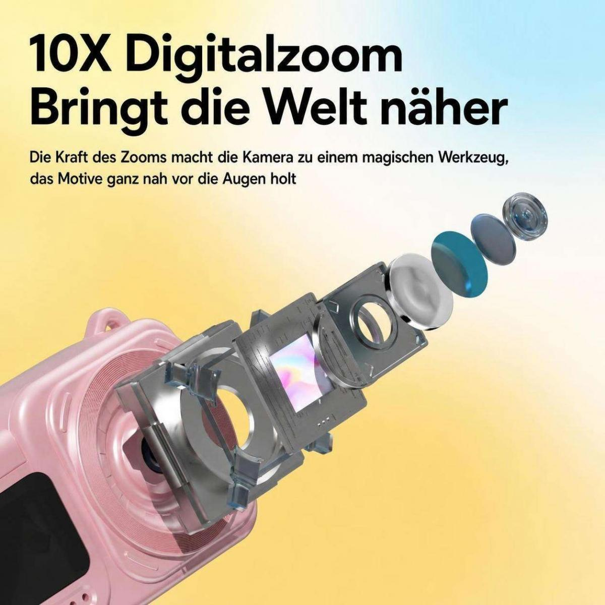 10X Digitalzoom Werbung mit deutscher Textgrafik und auseinandergezogenen Linsenelementen einer rosa Kamera.
