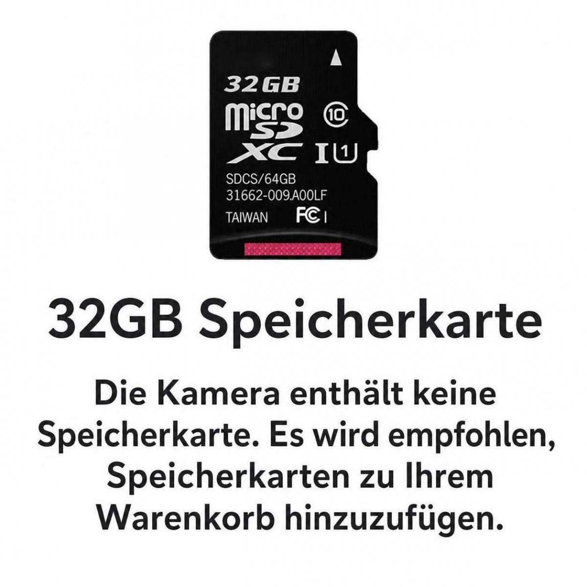 32GB Speicherkarte über deutschem Warntext zur Kamera.