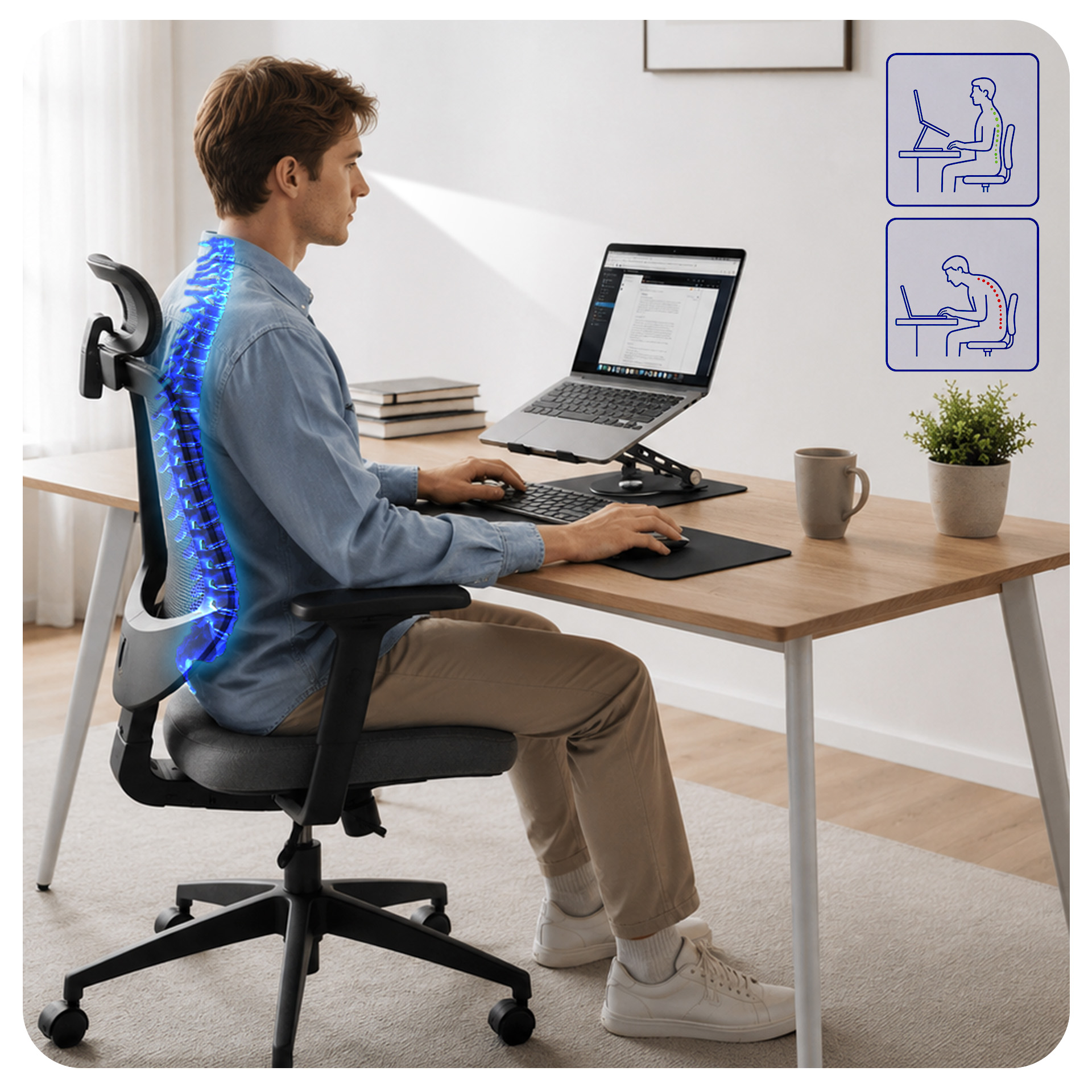 Mężczyzna siedzi przy drewnianym biurku, pracując na laptopie i utrzymując prostą postawę dzięki ergonomicznemu krzesłu.