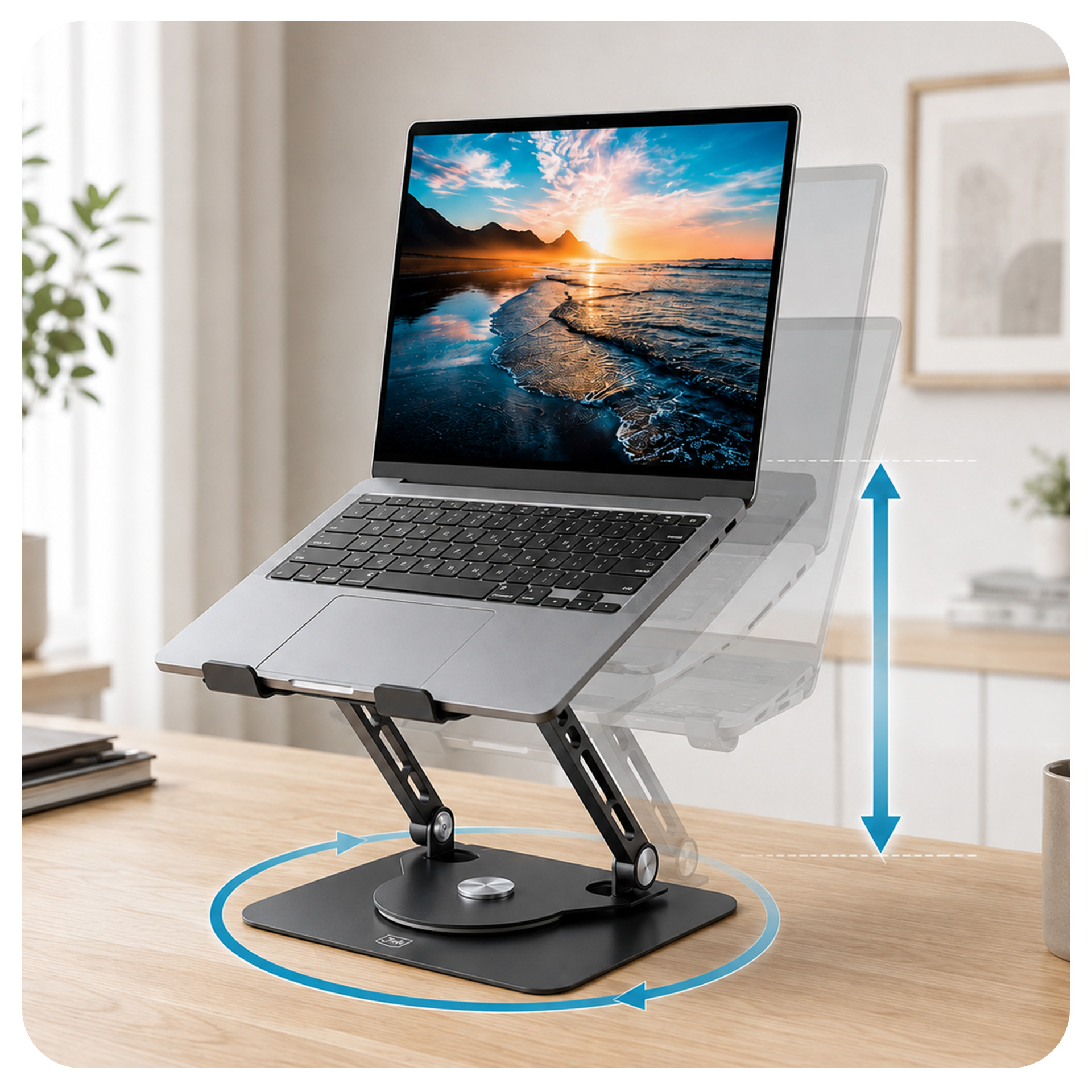 Laptop na regulowanym, obrotowym czarnym stojaku na drewnianym biurku.