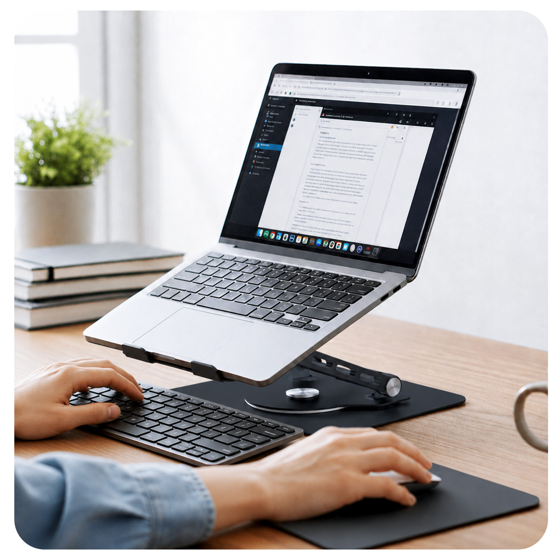 Osoba pracująca na laptopie na stojaku, z osobną klawiaturą i myszką na drewnianym biurku.