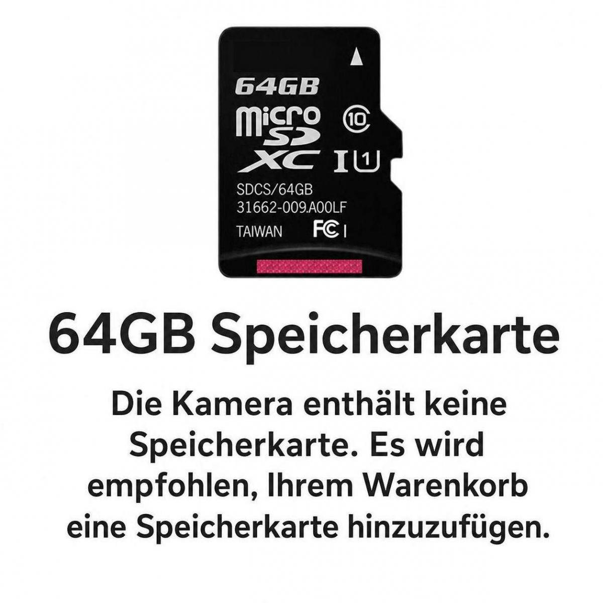 Eine 64GB Micro-SD-Karte mit deutschem Text, der empfiehlt, eine Speicherkarte hinzuzufügen.