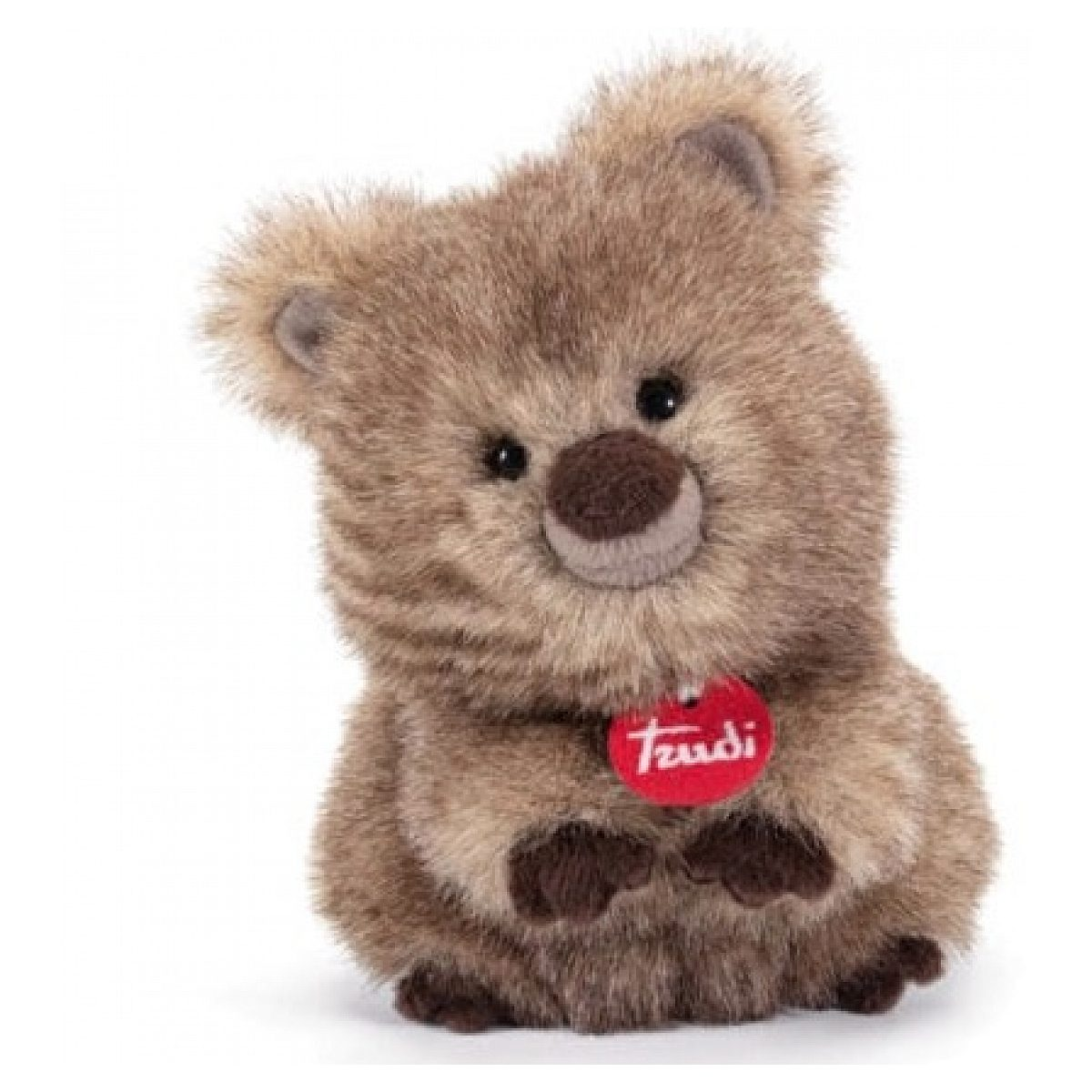 Ein flauschiger Plüsch-Koala mit braunem Fell und einem roten Trudi-Anhänger am Hals.