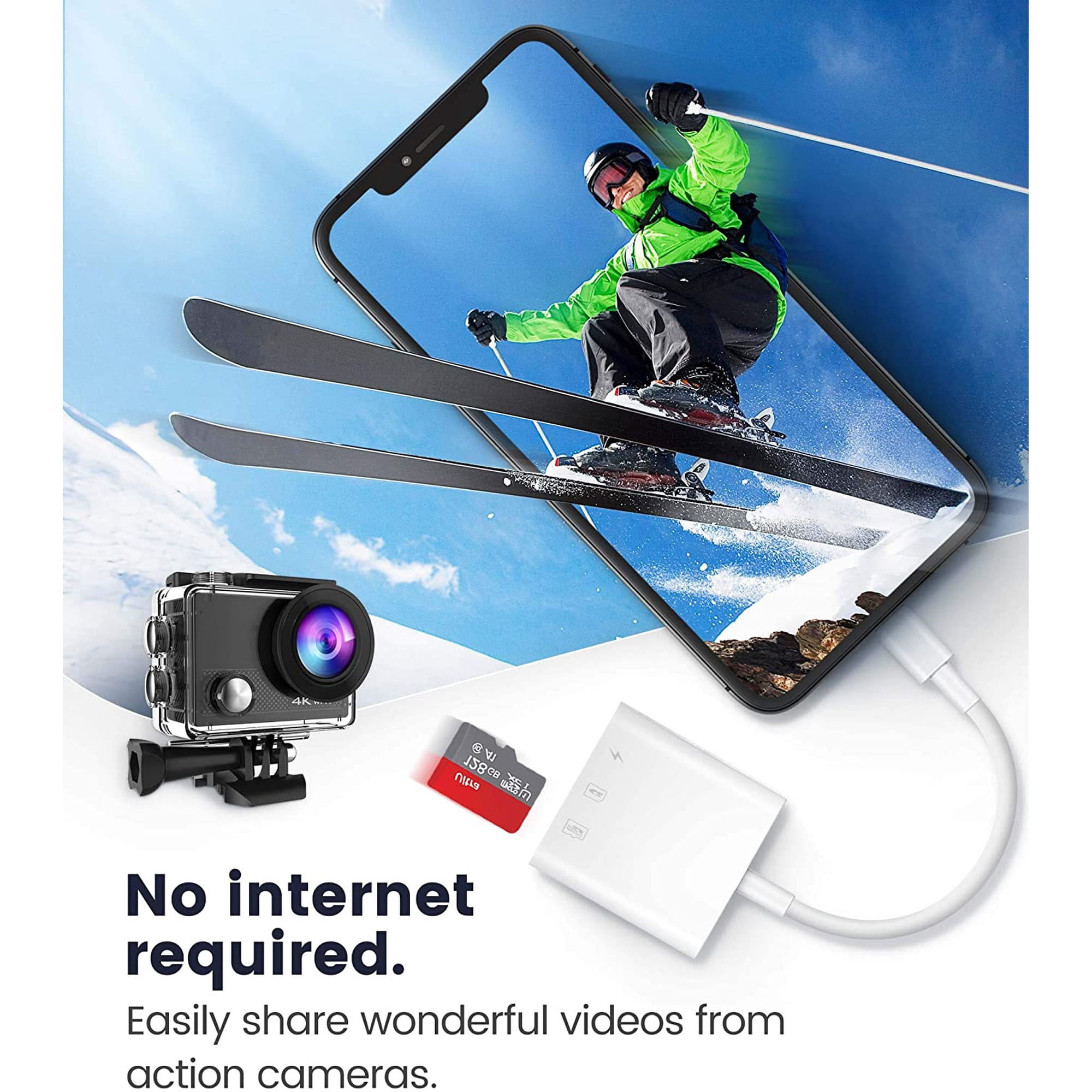 Eine Action-Kamera, eine SD-Karte und ein Adapter sind mit einem Smartphone verbunden, auf dem ein Skifahrer zu sehen ist.