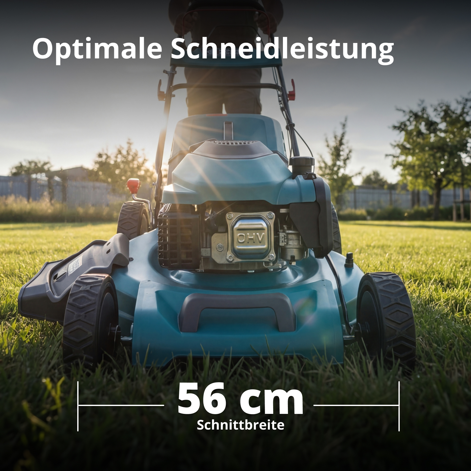 Ein türkisfarbener Rasenmäher mit 56 cm Schnittbreite steht auf einem grünen Rasen bei Sonnenschein.