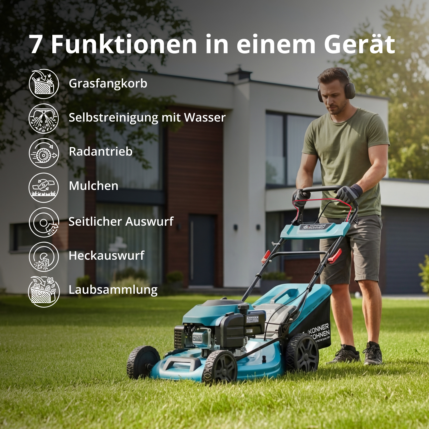 Ein Mann mäht den Rasen im Garten mit einem blauen Rasenmäher. Links Text über sieben Funktionen.