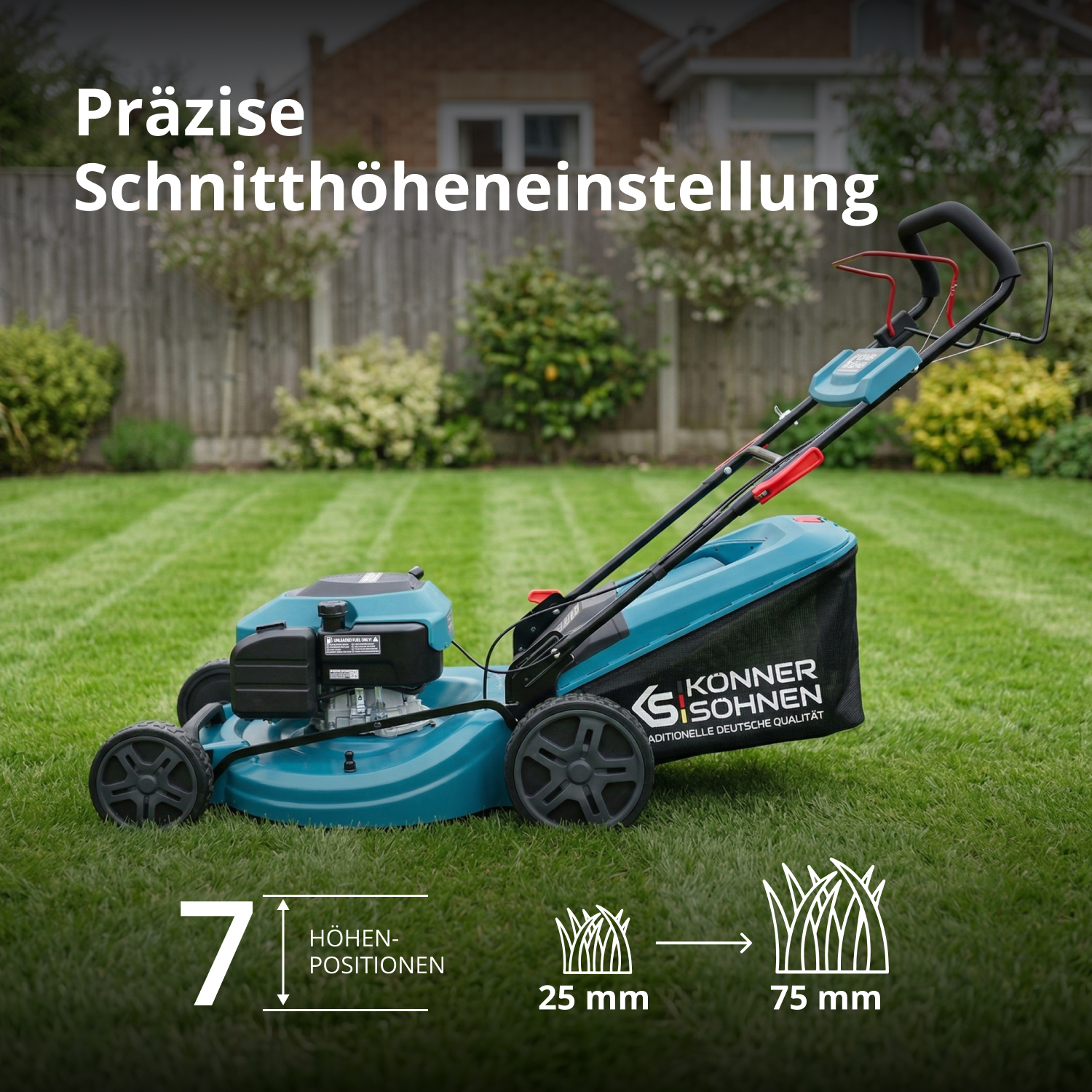 Türkis-schwarzer Rasenmäher auf grünem Rasen mit dem Text Präzise Schnitthöheneinstellung und Infografik.