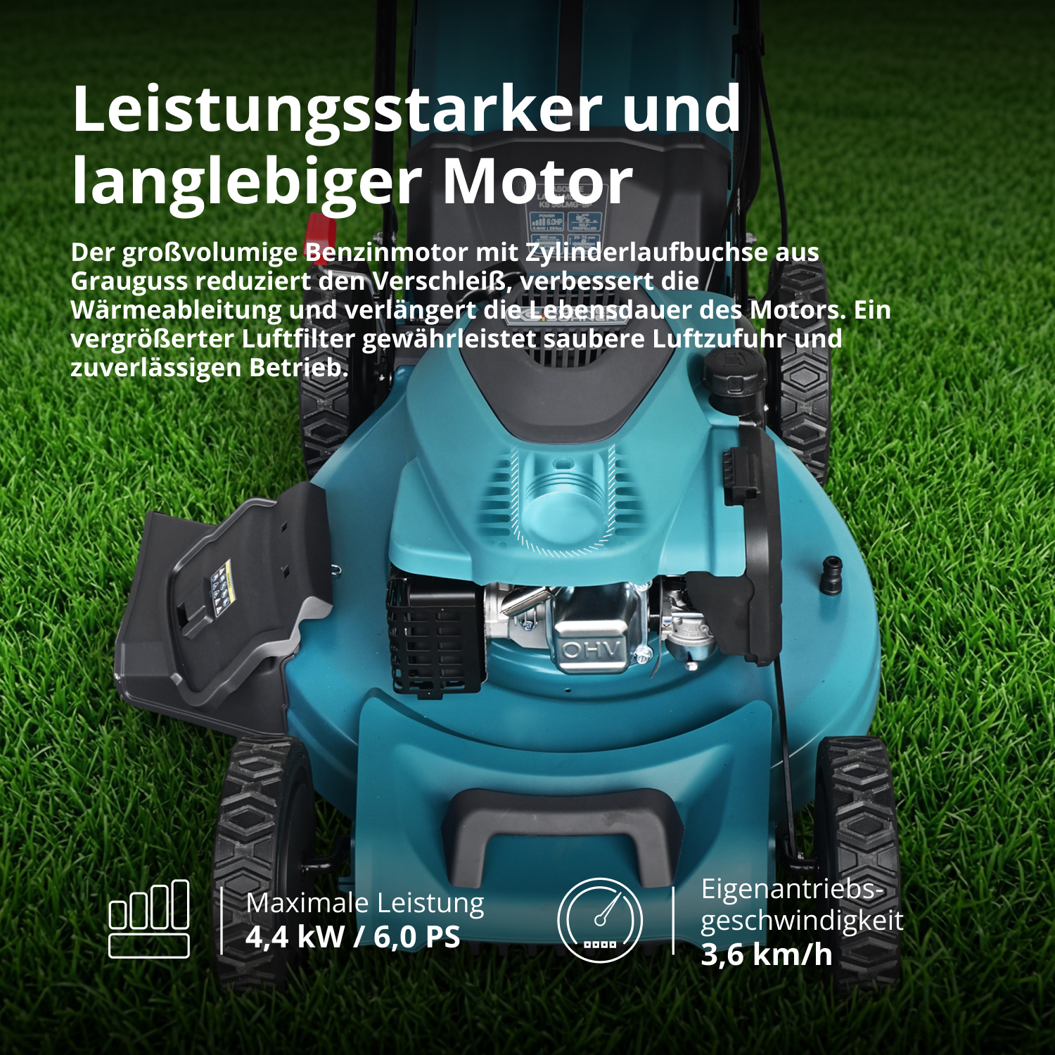 Ein türkisfarbener Rasenmäher mit leistungsstarkem Motor steht auf grünem Gras, begleitet von Text und Symbolen.