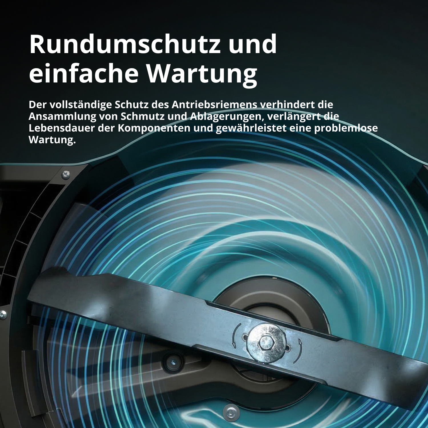 Messer einer Mähmaschine mit blauem Schutzkreis und deutschem Text oben.