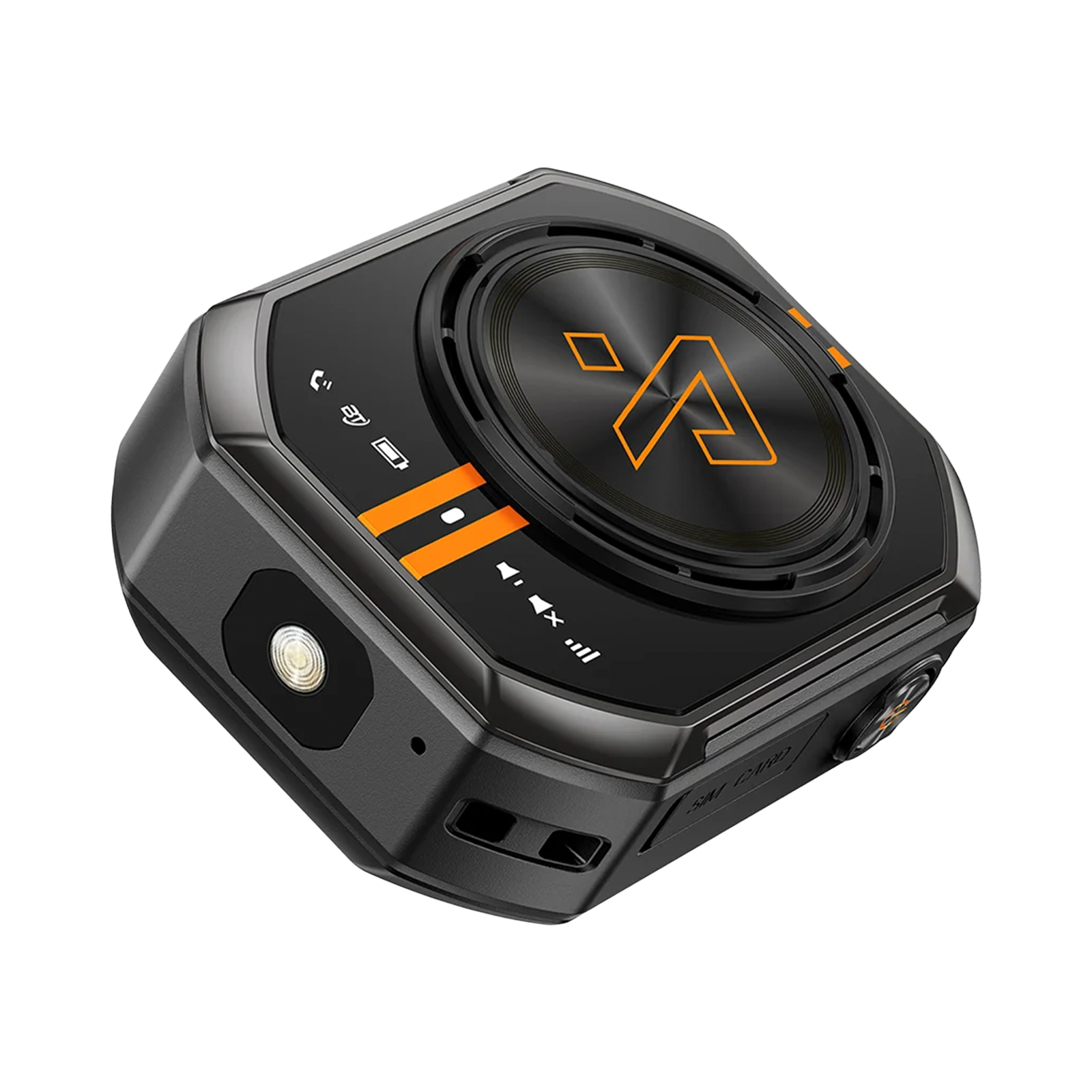 Eine robuste schwarz-orange Körperkamera mit zentraler Linse und Statusanzeigen vor schwarzem Hintergrund.
