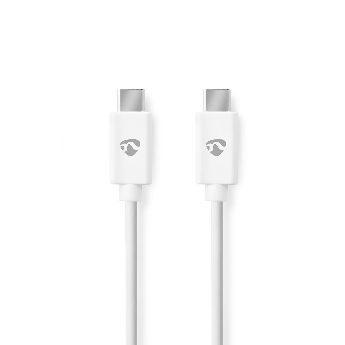Zwei weiße USB-C-Kabelenden mit silbernen Anschlüssen und grauem Logo auf weißem Hintergrund.