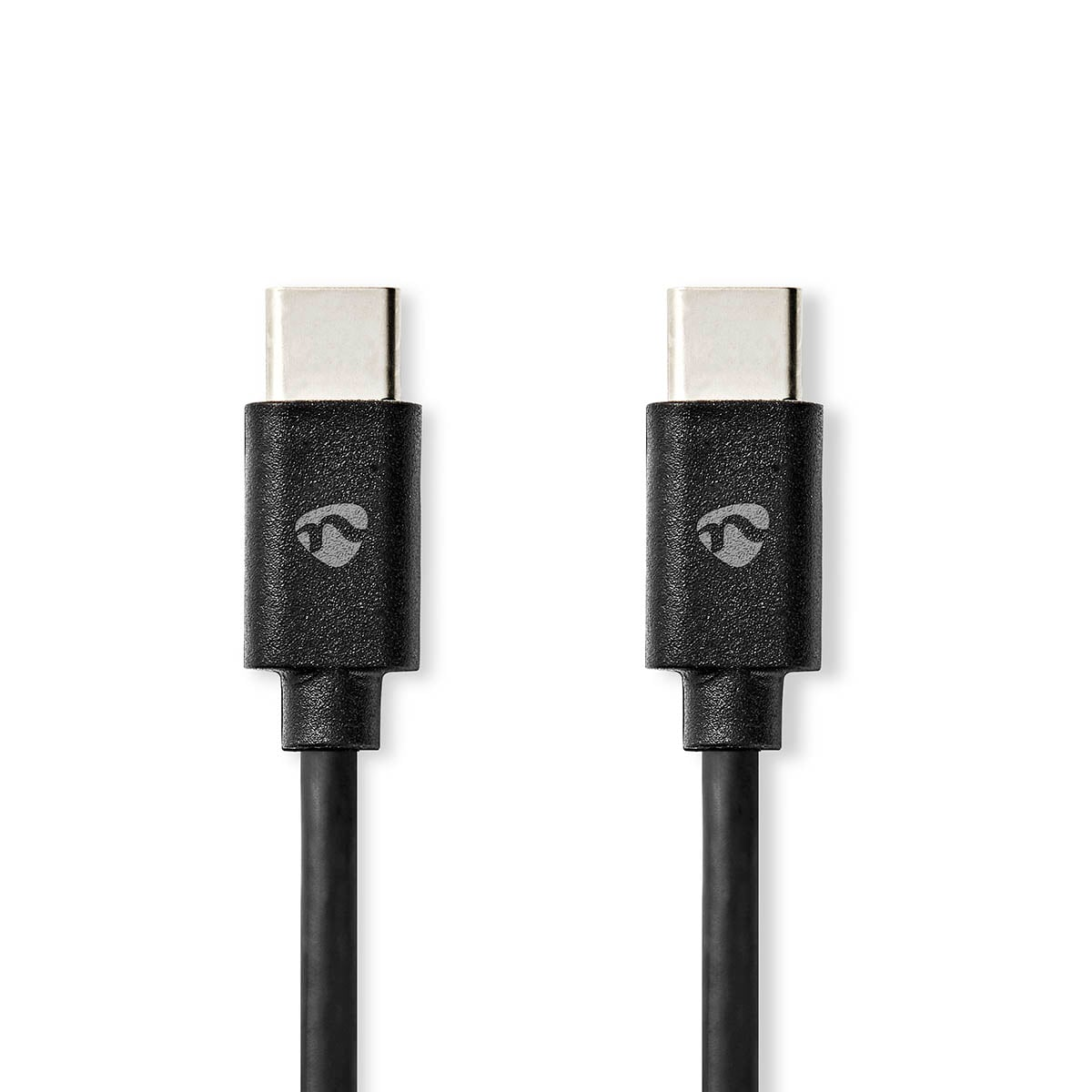 Zwei schwarze USB-C-Kabelköpfe mit grauem Logo auf weißem Hintergrund.