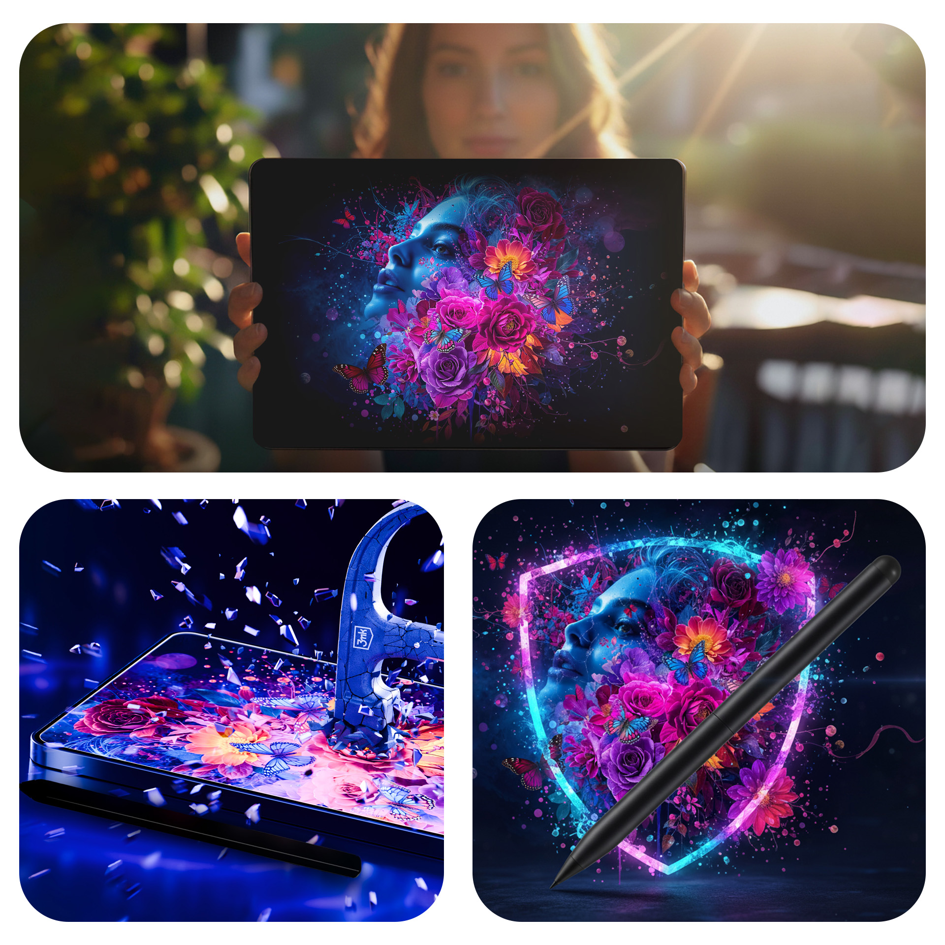 Kobieta trzyma tablet z kwiatową grafiką. Z lewej młotek niszczy ekran. Z prawej rysik z ochronną tarczą.