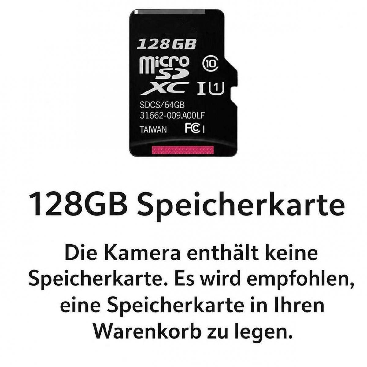 Schwarze 128GB microSDXC-Speicherkarte mit weißem Text und rotem Streifen, darüber deutscher Hinweistext.