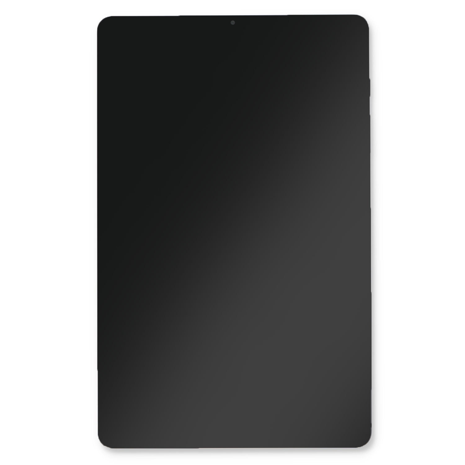 Ein schwarzes Tablet mit ausgeschaltetem Bildschirm auf weißem Hintergrund.