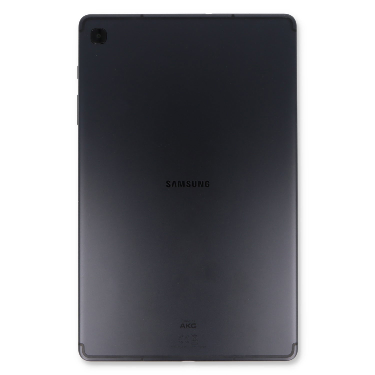 Rückseite eines schwarzen Samsung-Tablets mit Kamera oben links und Markenlogo in der Mitte.