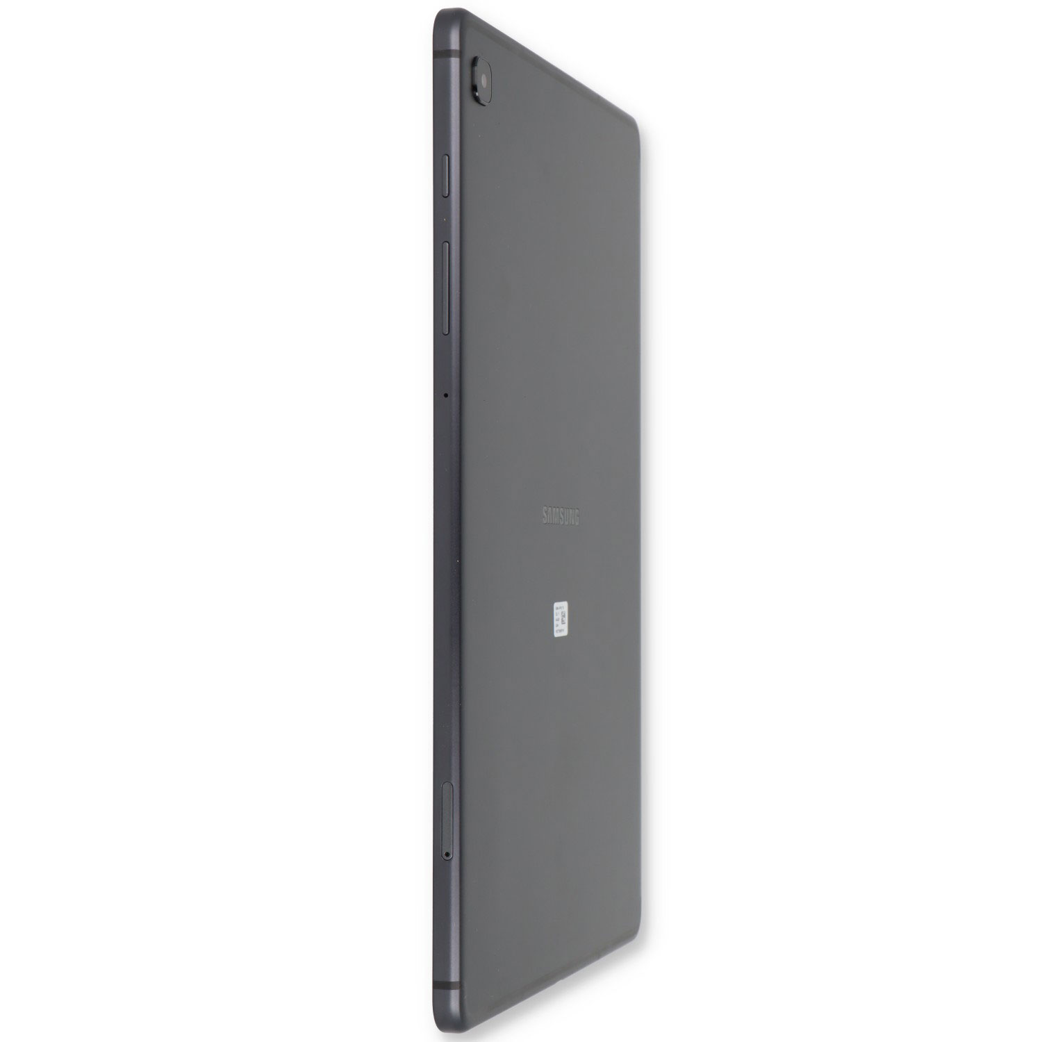 Ein graues Samsung-Tablet von der Seite gesehen, zeigt Tasten und Kamera vor weißem Hintergrund.