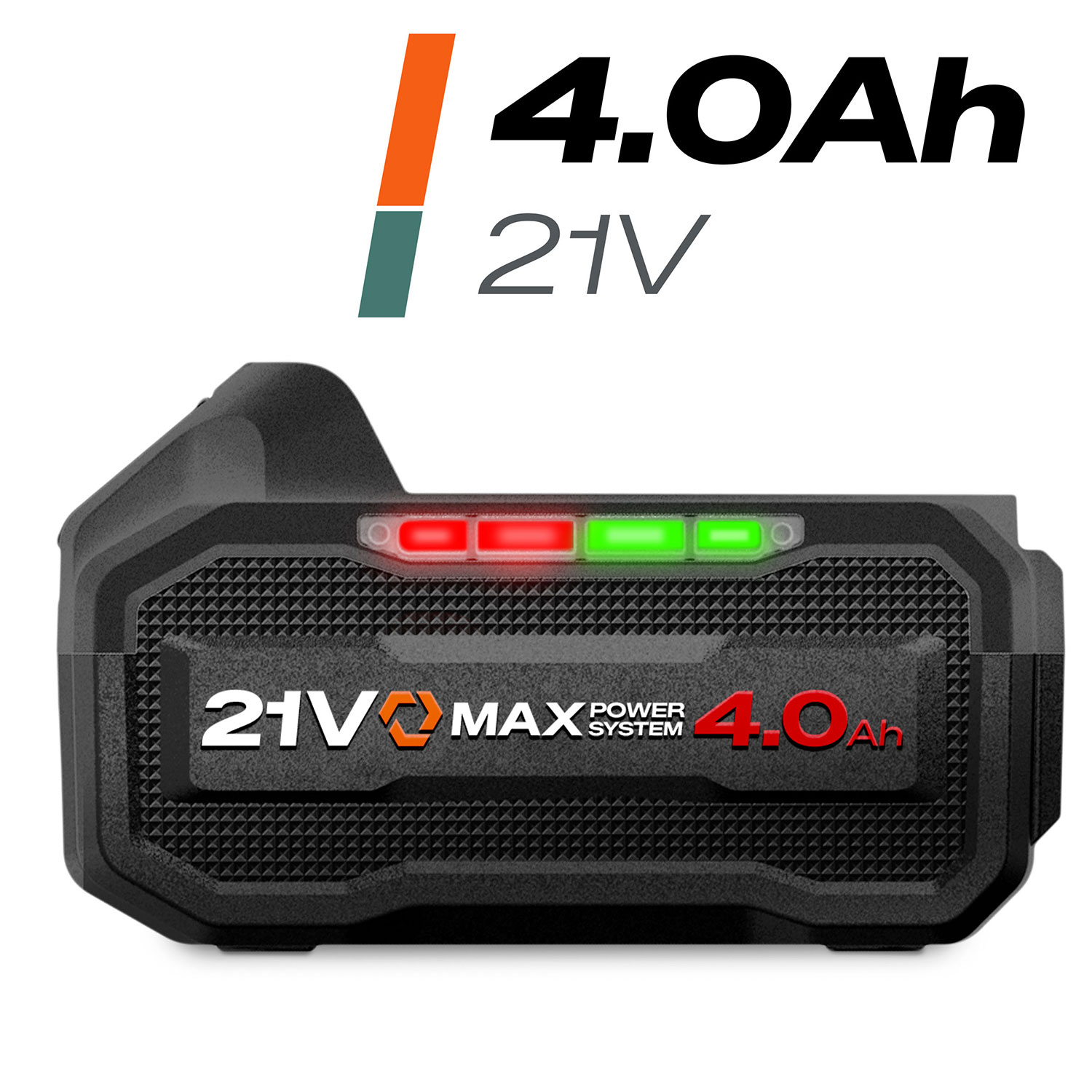 Czarny akumulator 21V MAX 4.0Ah z dwiema czerwonymi i dwiema zielonymi kontrolkami.