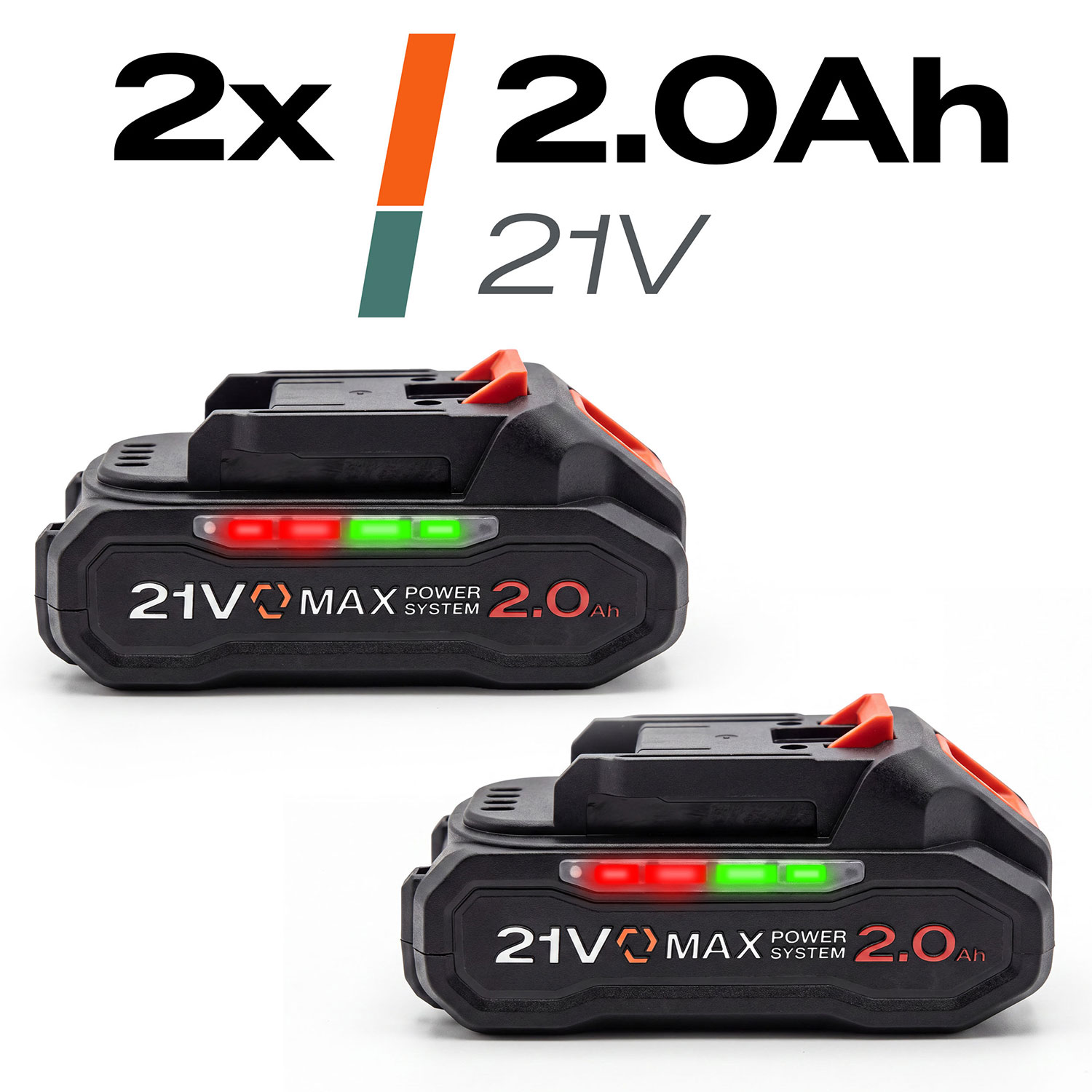 Dwie czarne baterie do elektronarzędzi 21V Max 2.0Ah z czerwonymi i zielonymi kontrolkami na białym tle.