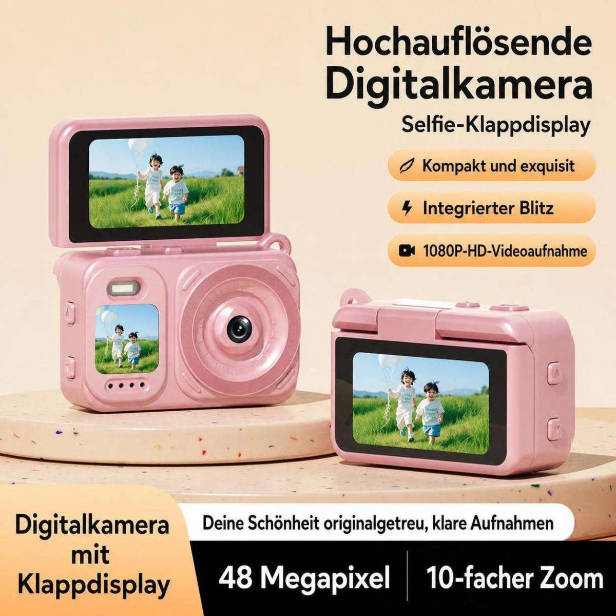 Rosa Digitalkamera mit Klappdisplay und deutscher Produktbeschreibung auf hellem Hintergrund.