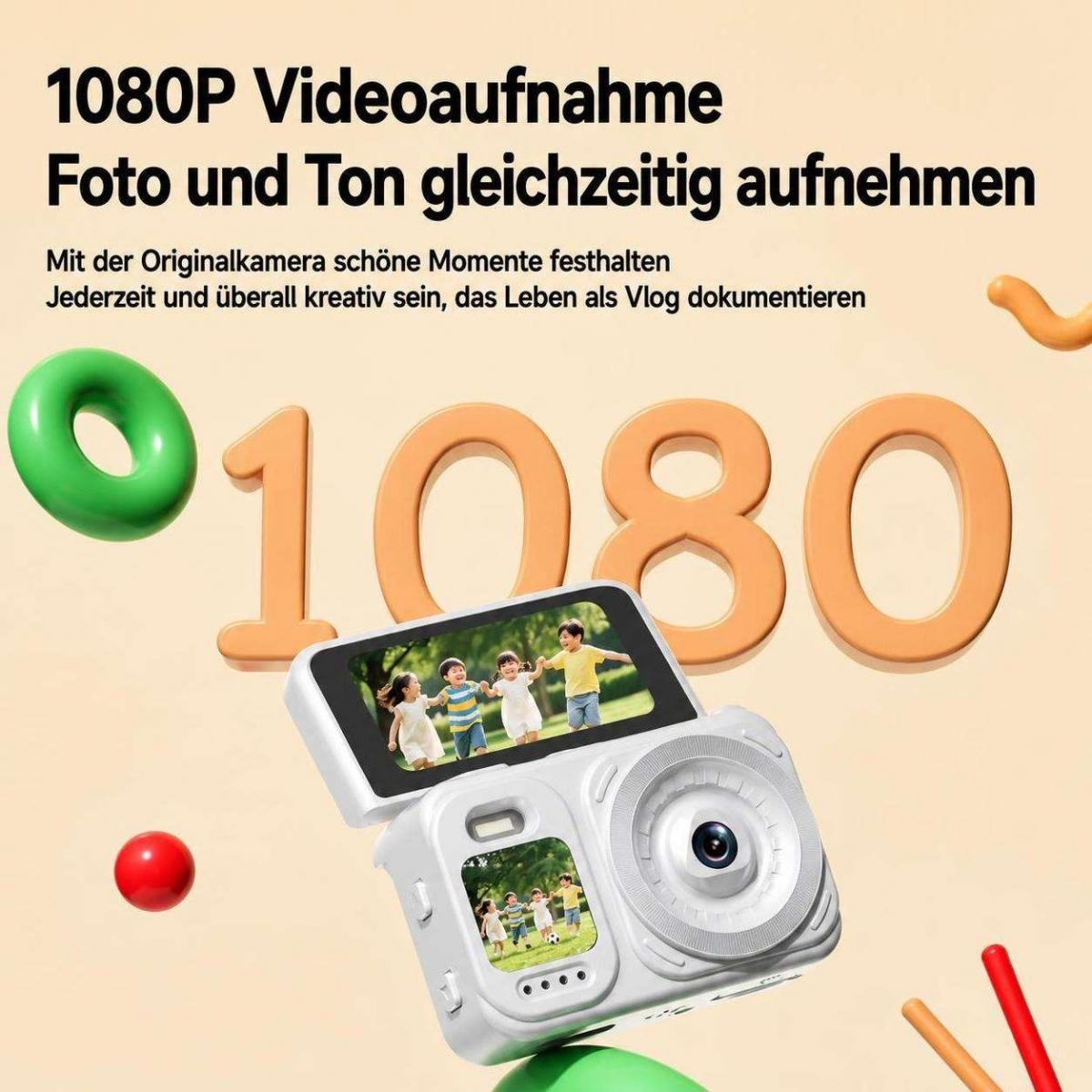 Werbebild einer weißen Kinderkamera mit bunten Formen und deutschem Text über 1080p Videoaufnahme.