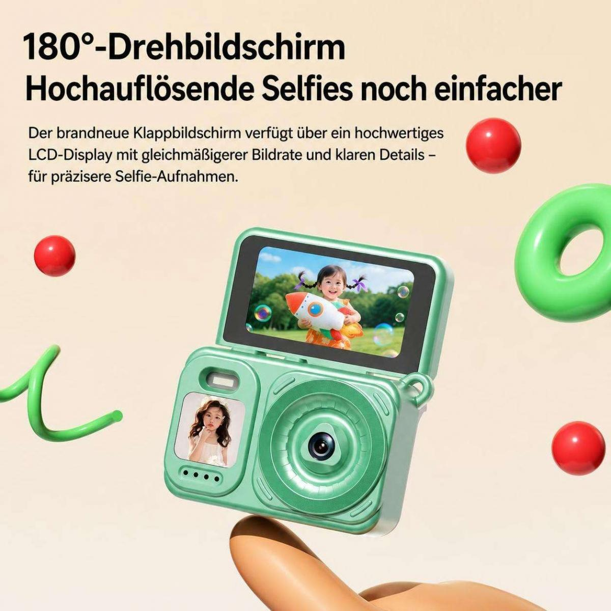 Grüne Kinderkamera mit klappbarem LCD-Bildschirm und deutscher Textbeschreibung darüber.