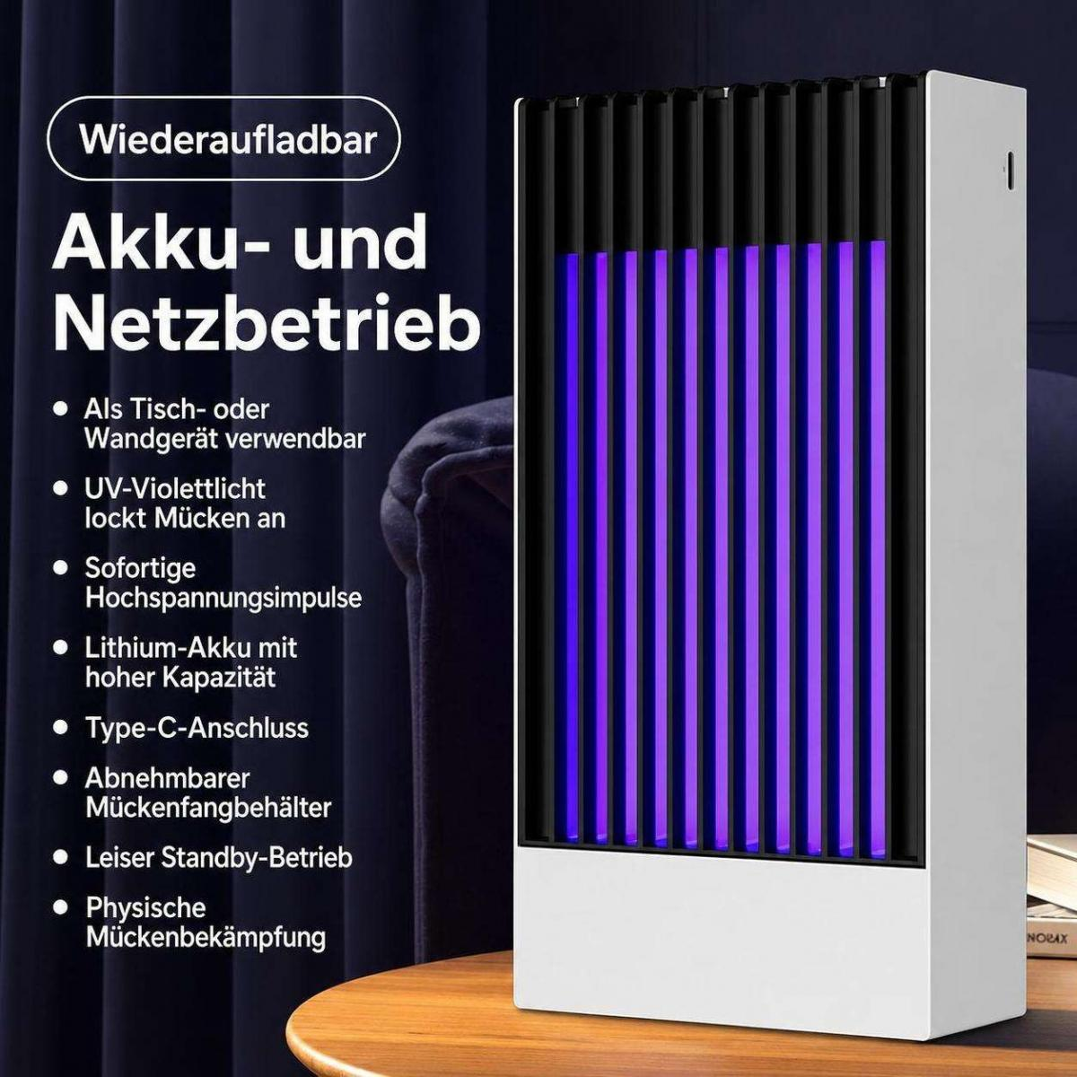 Ein weiß-schwarzer Insektenvernichter mit violettem UV-Licht steht auf einem Holztisch, links mit deutschem Text.
